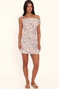 Full-length view of the pink floral off-shoulder mini dress