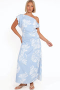 Detail view of the shell print one-shoulder midi dress
