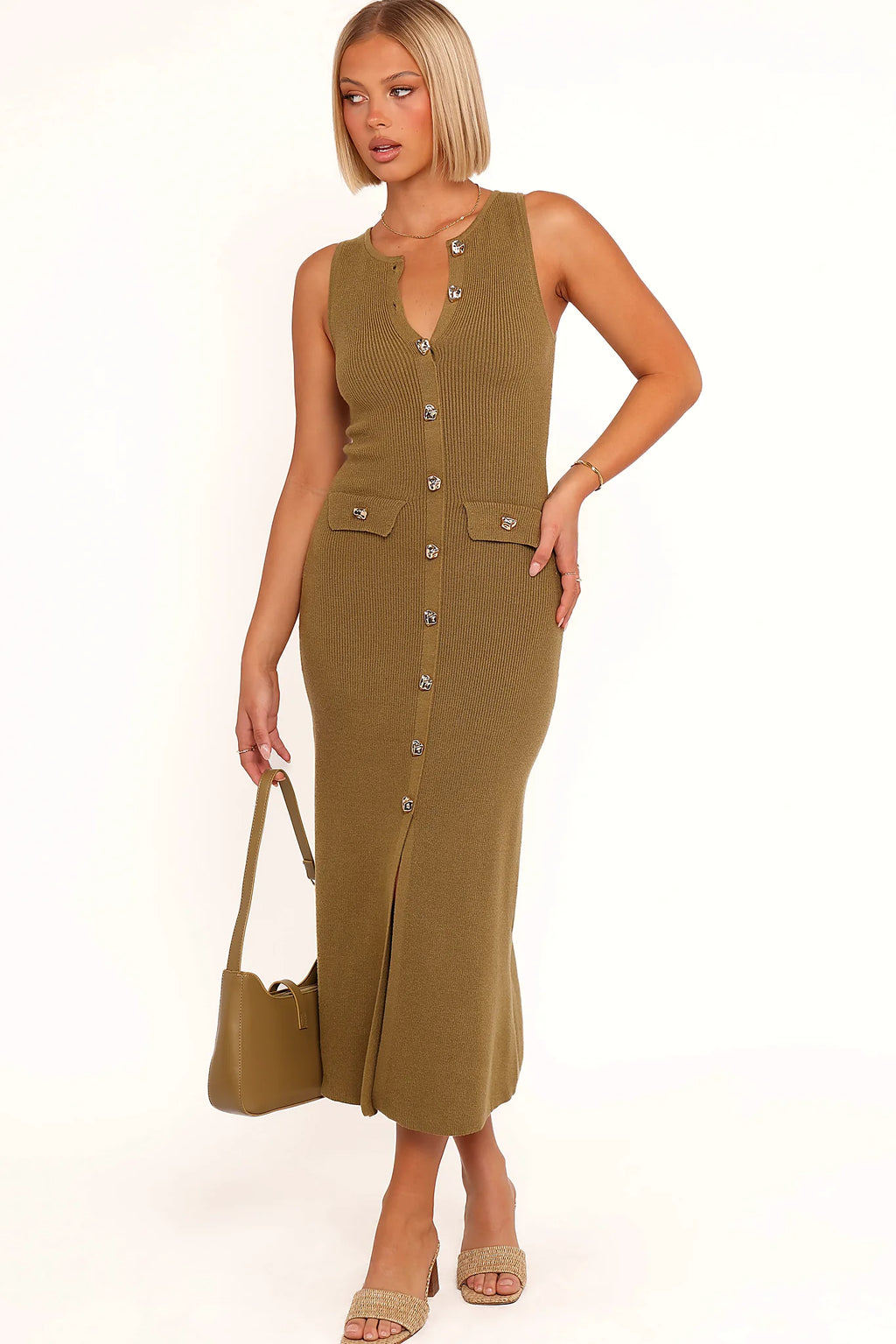 Model wearing the olive button-up knit maxi dress, front view