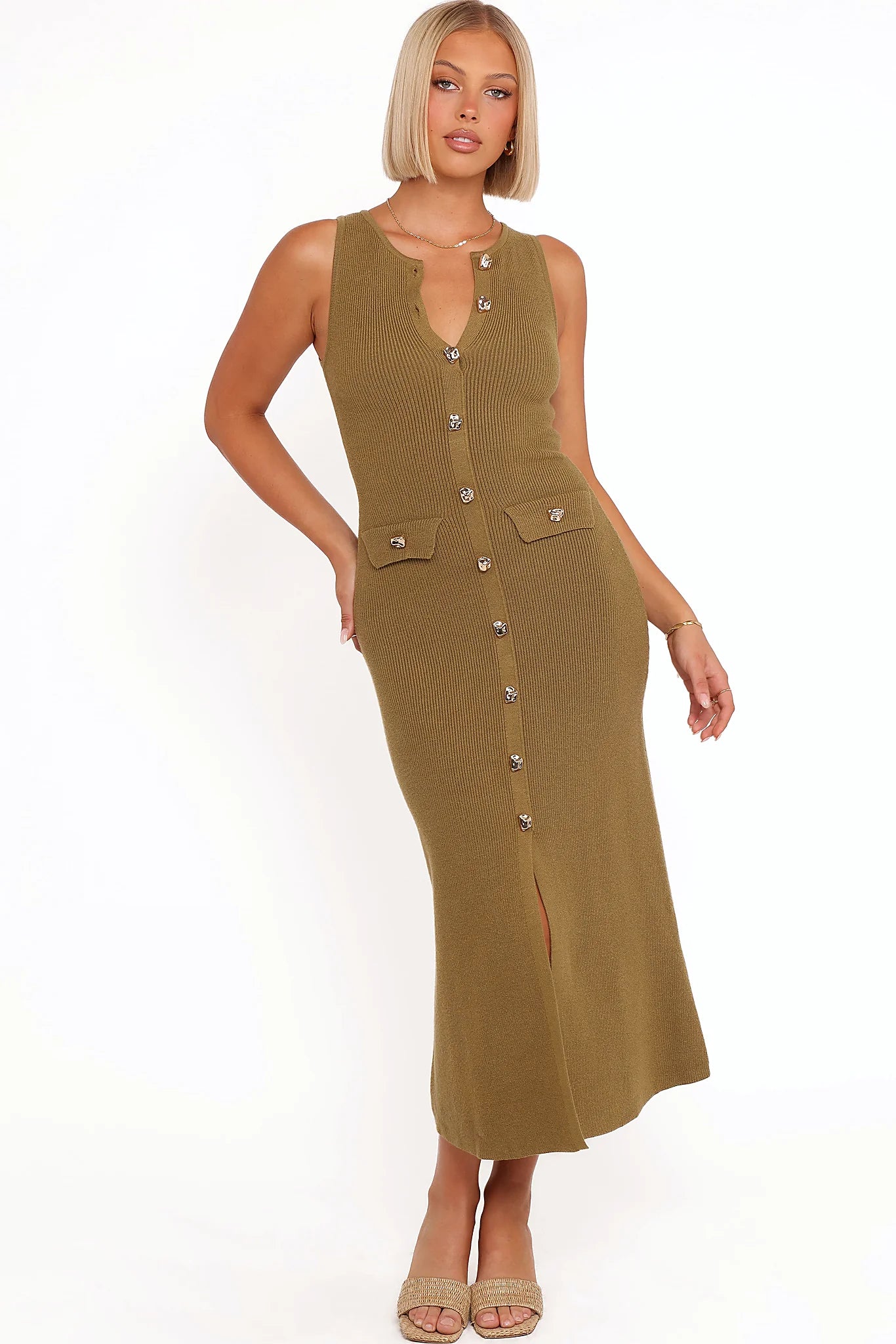 Aspen Button Up Knit Dress - Olive