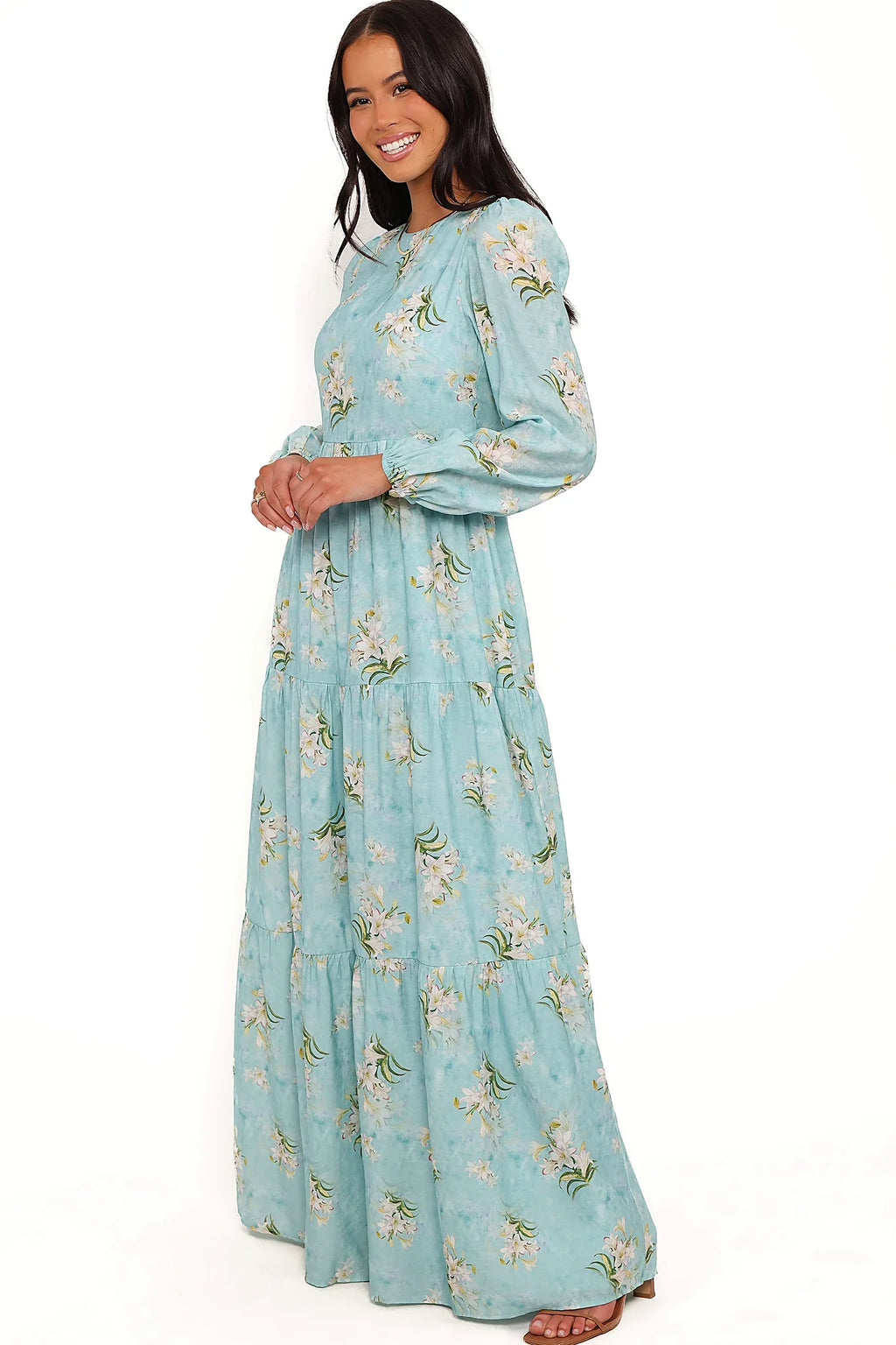 Detail view of the blue floral a-line maxi dress