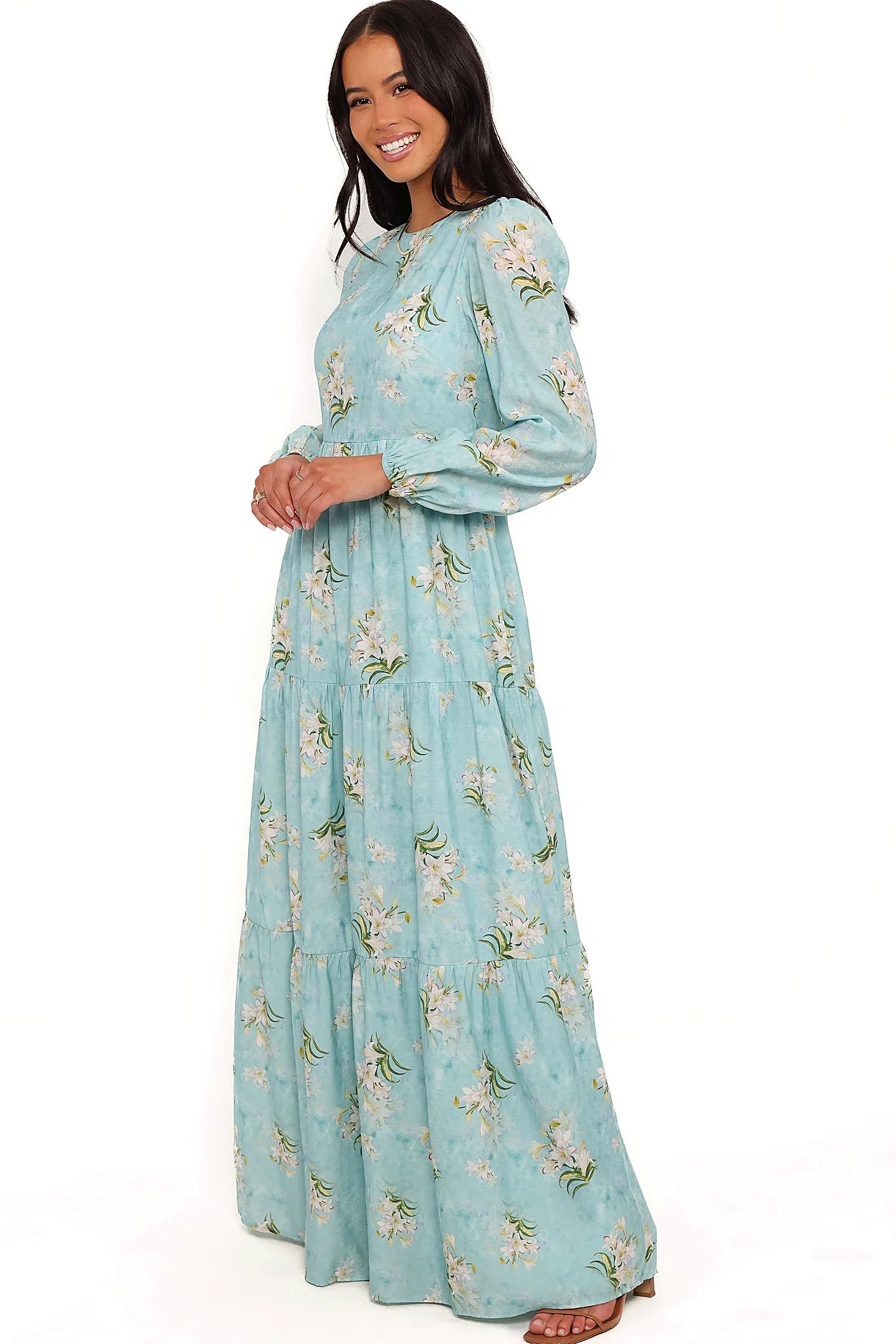 Detail view of the blue floral a-line maxi dress