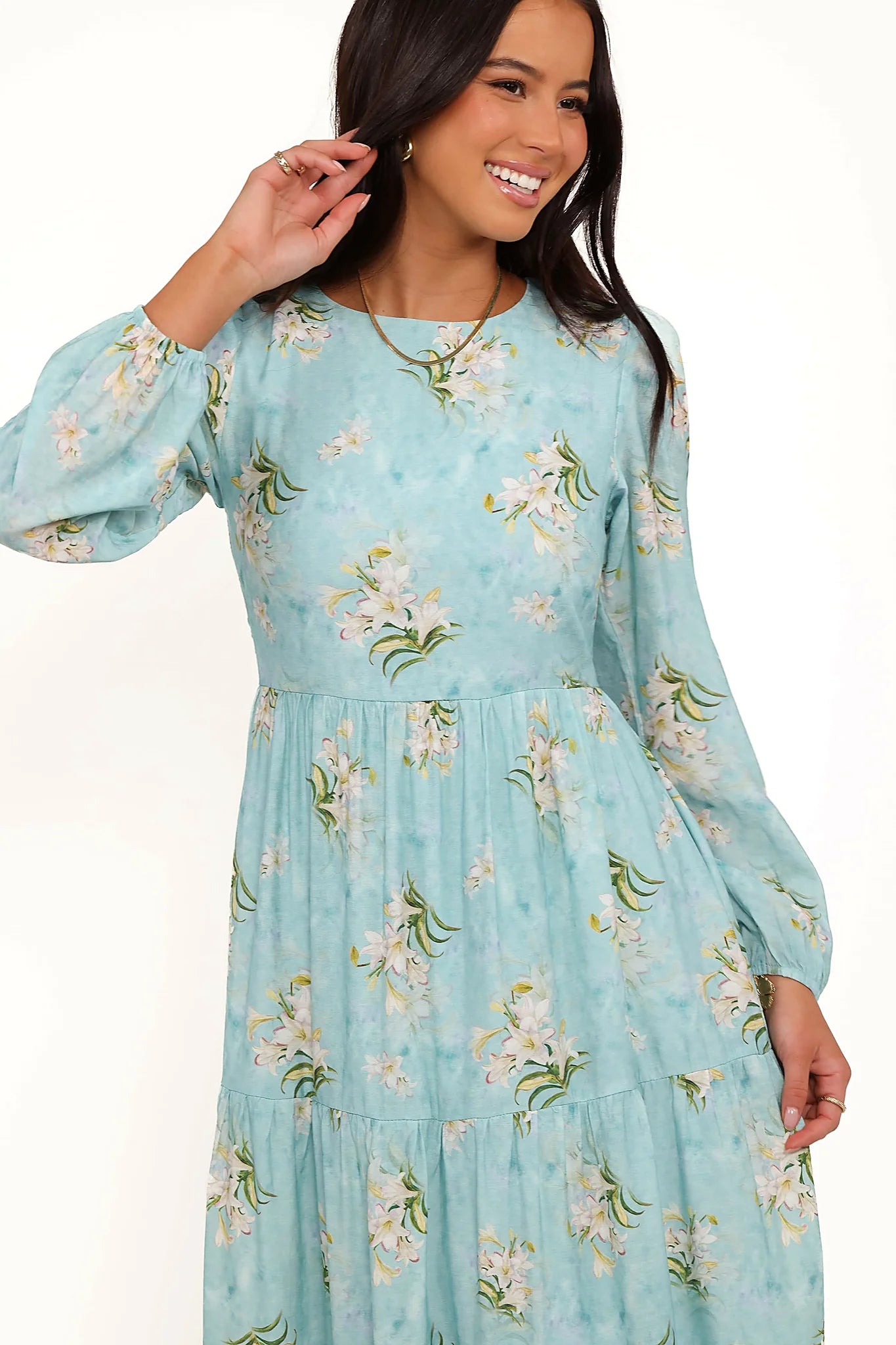 Full-length view of the blue floral a-line maxi dress