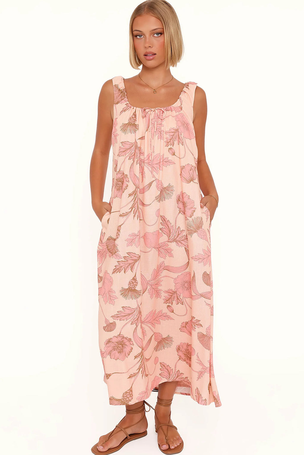 Detail view of the pink floral maxi dress