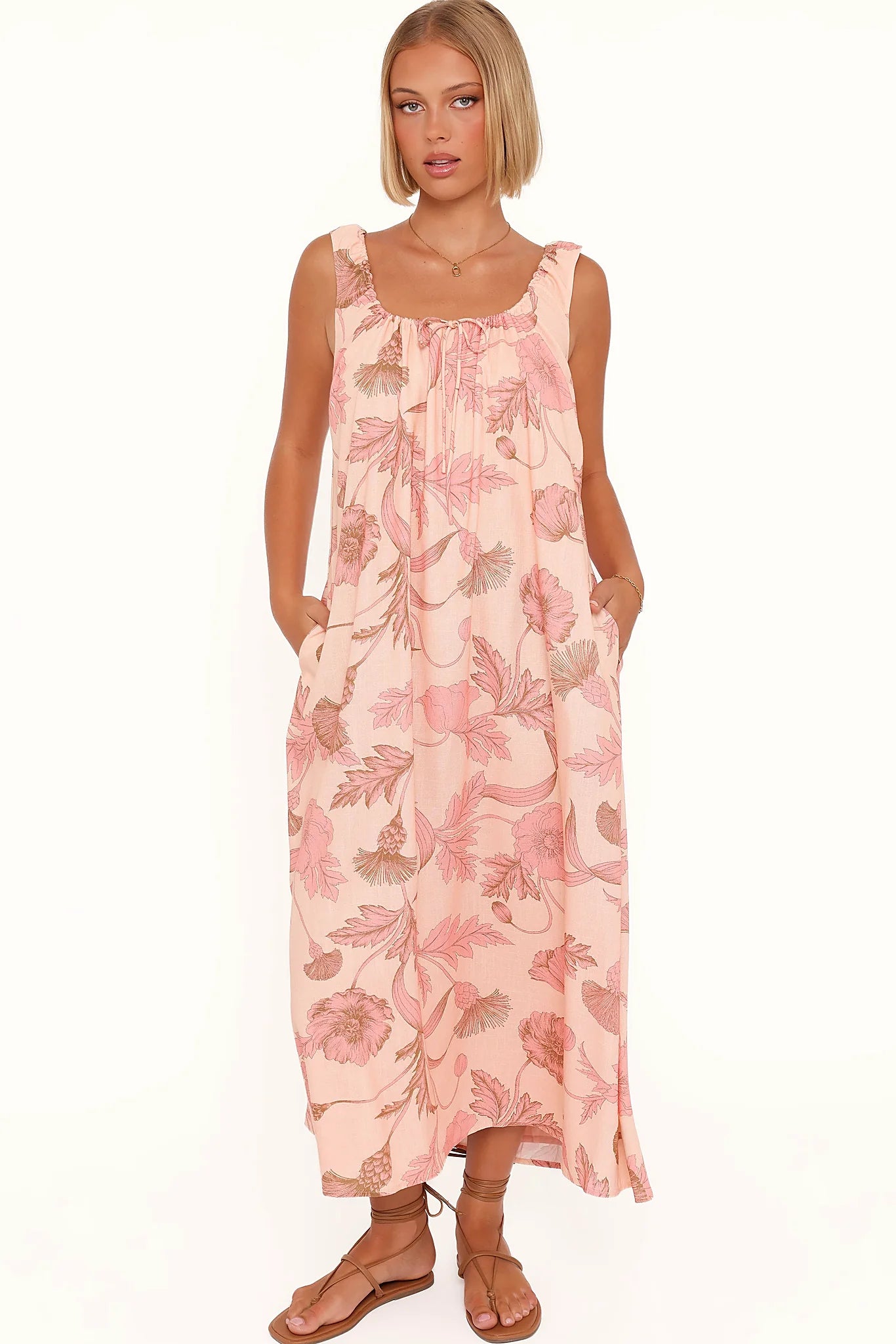 Detail view of the pink floral maxi dress