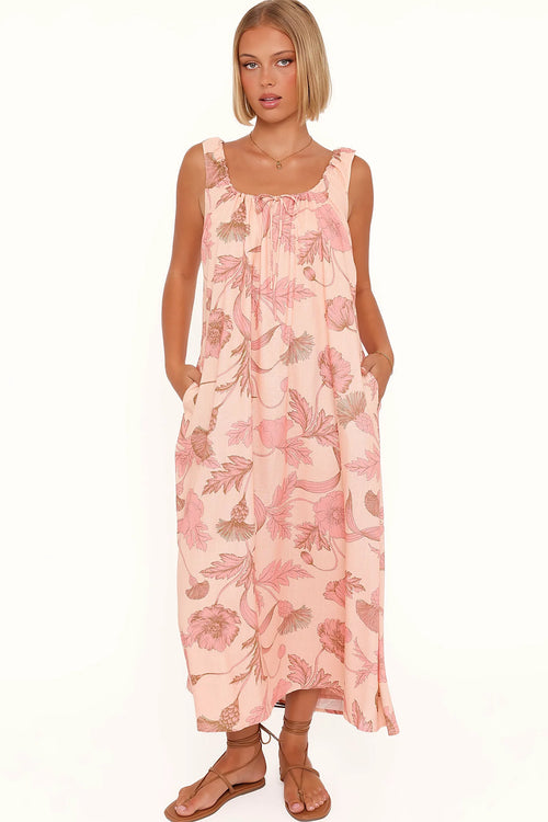 Detail view of the pink floral maxi dress