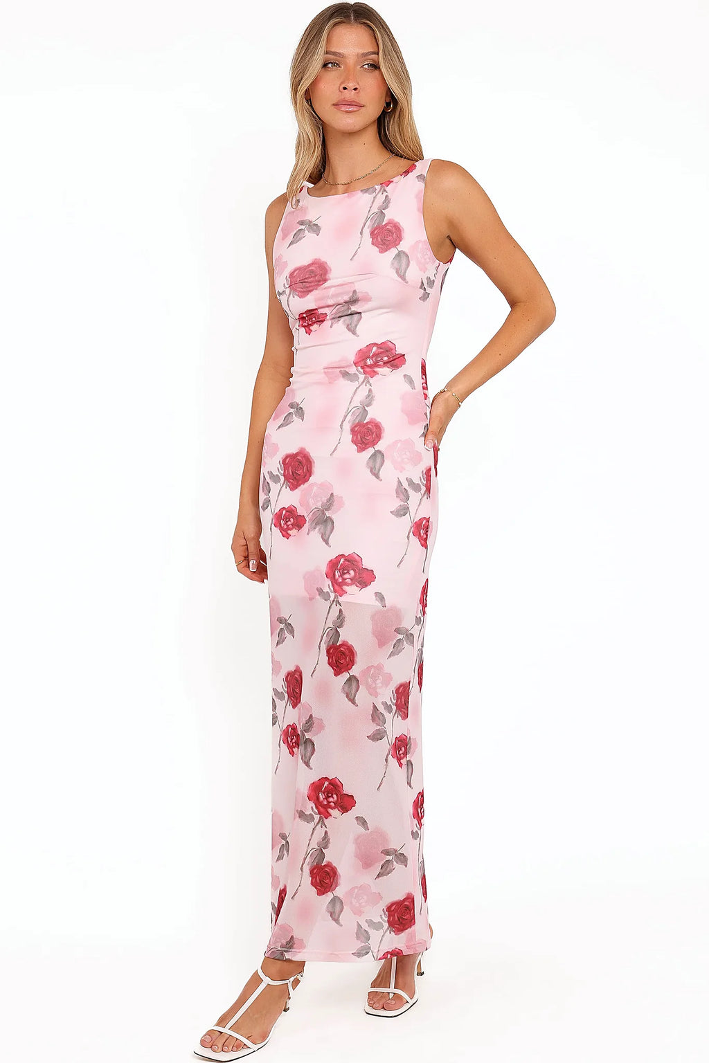 Full-length view of the pink floral sleeveless maxi dress