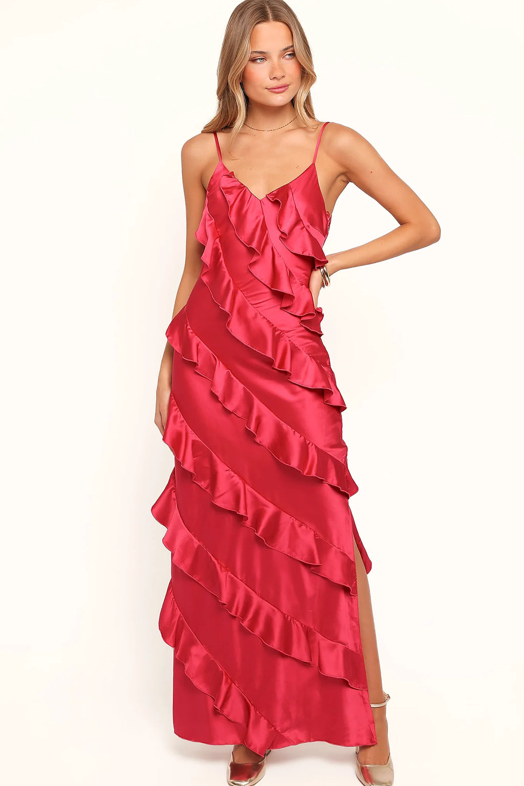 Ciao Ruffles Maxi Satin Dress - Fuchsia