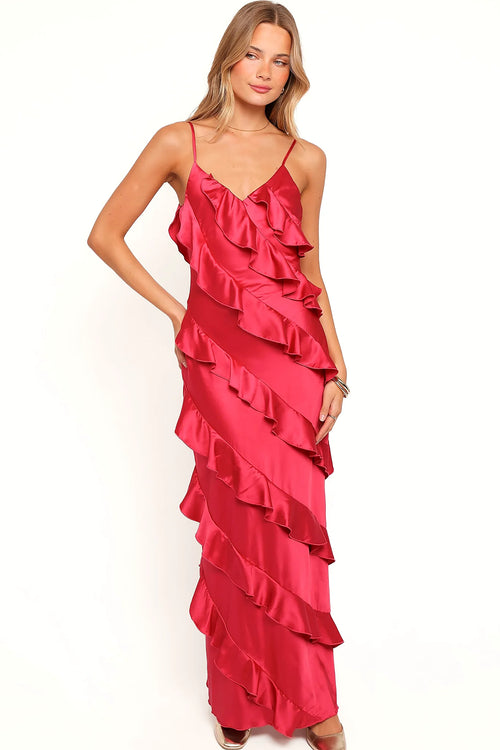 Back view of the fuchsia ruffle satin maxi dress on a model