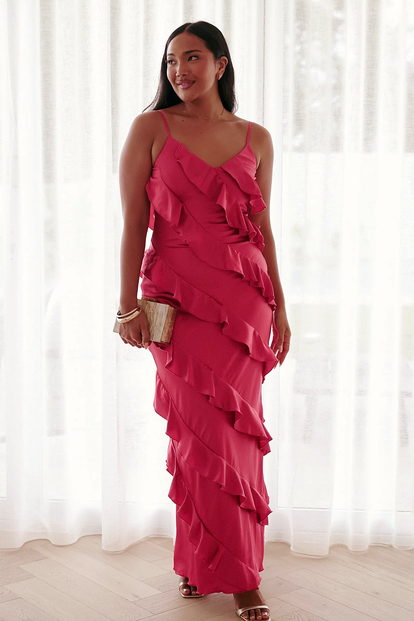 Ciao Ruffles Maxi Satin Dress - Fuchsia