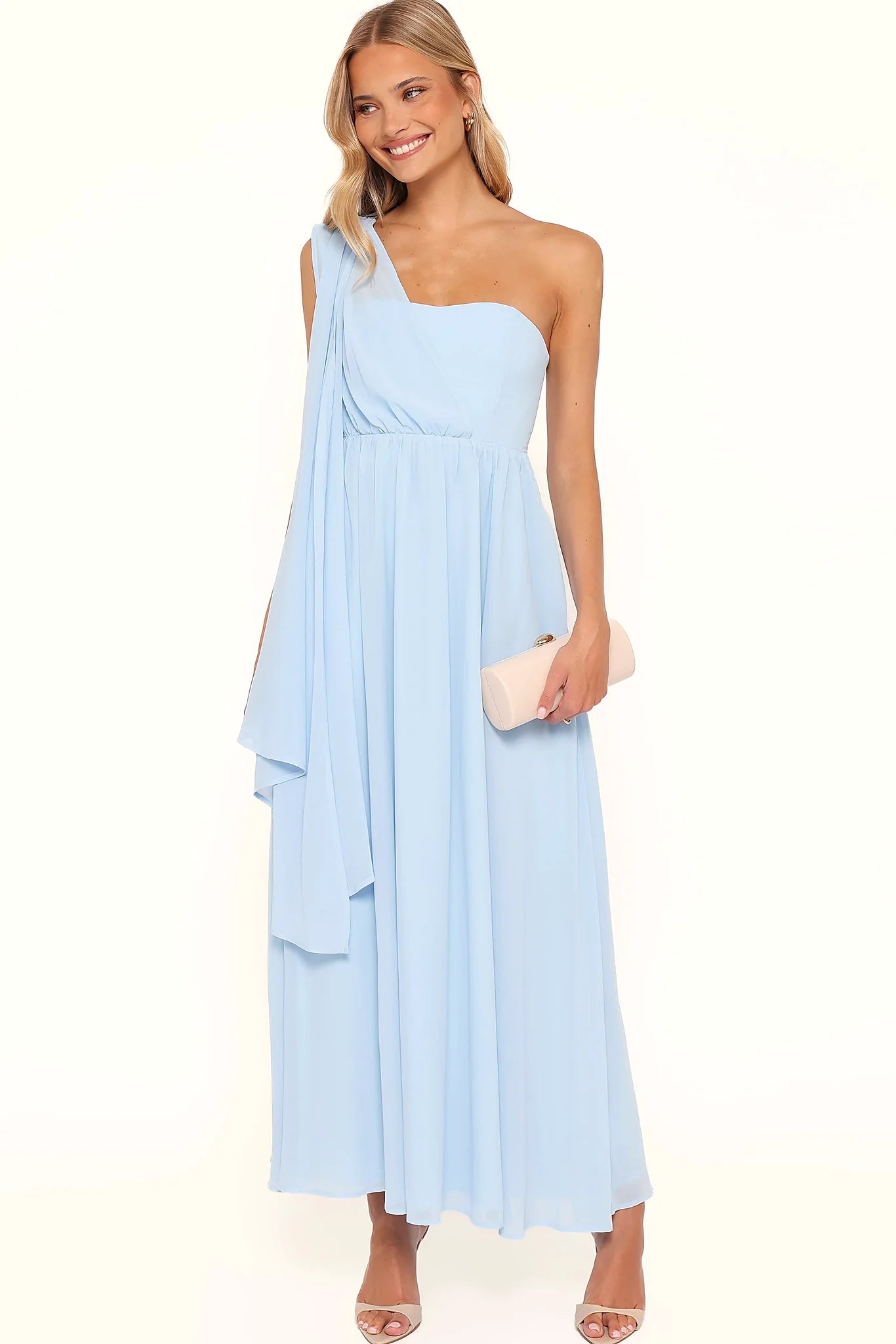 Model wearing the cornflower blue maxi dress, front view