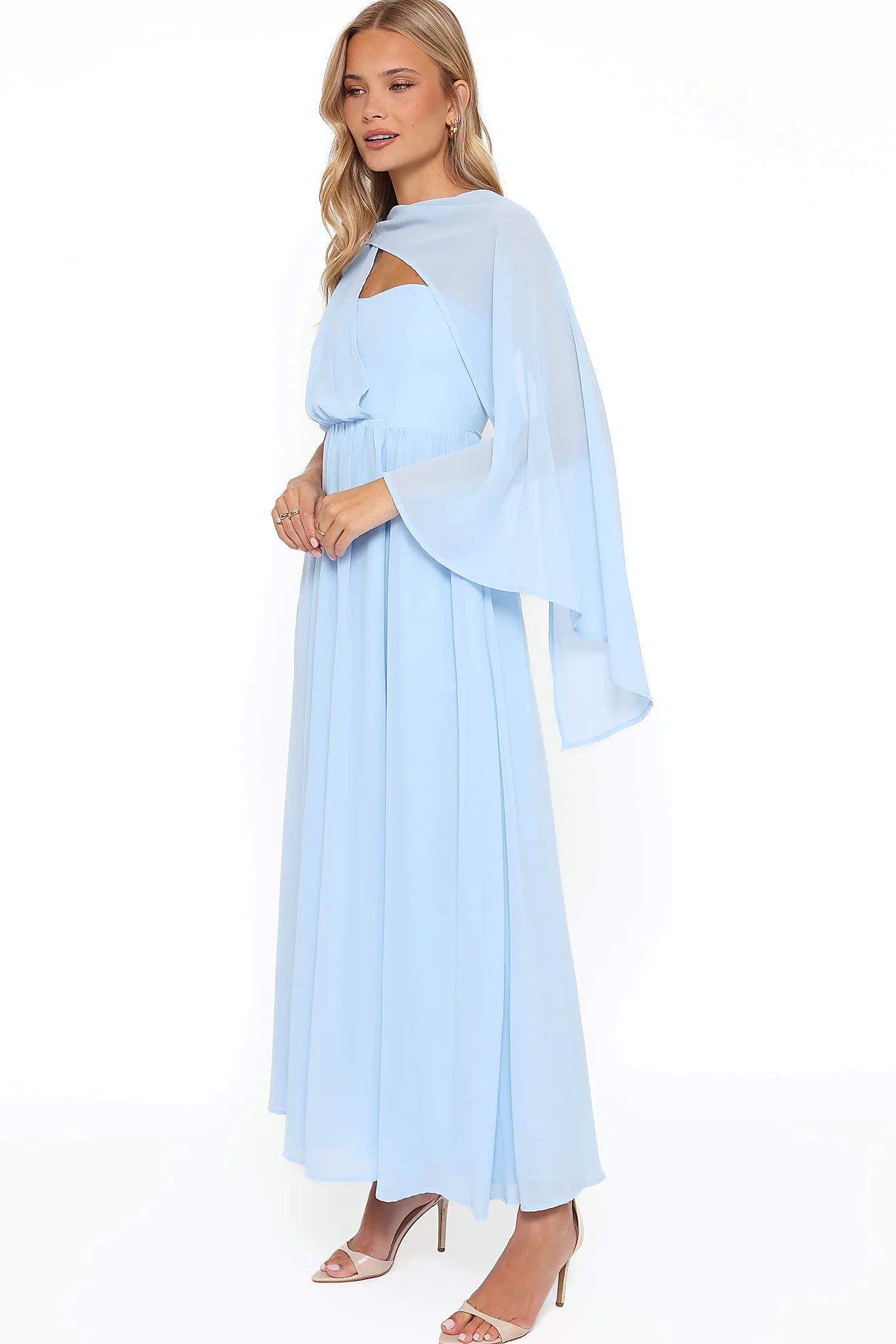 Side view showing the drape of the cornflower blue maxi dress
