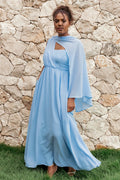 Close-up of the neckline of the cornflower blue maxi dress