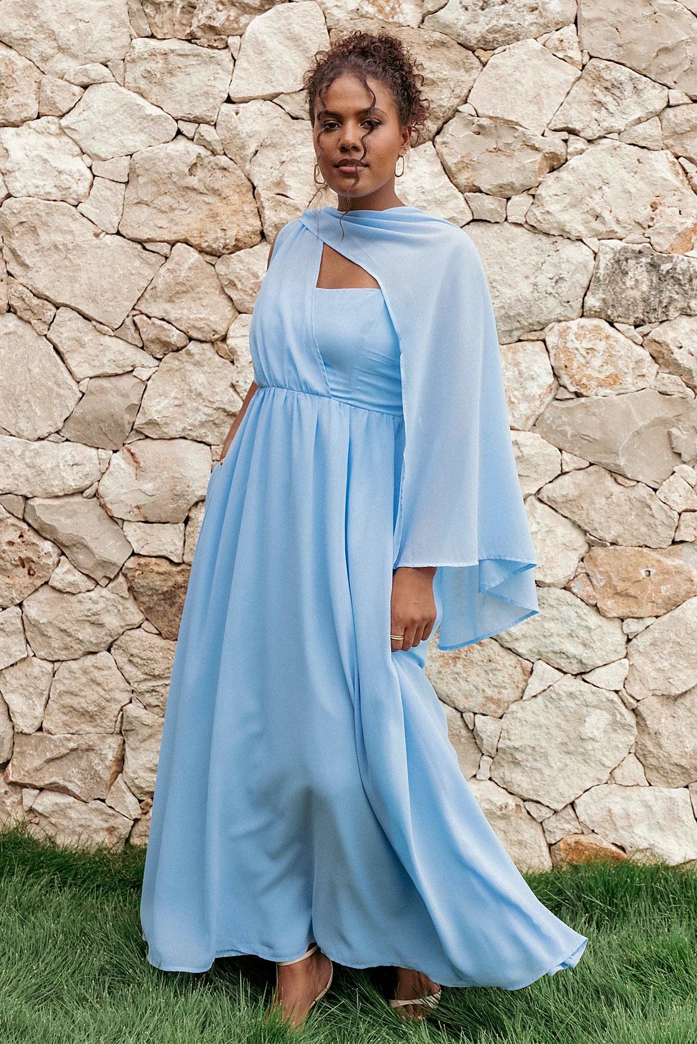 Close-up of the neckline of the cornflower blue maxi dress