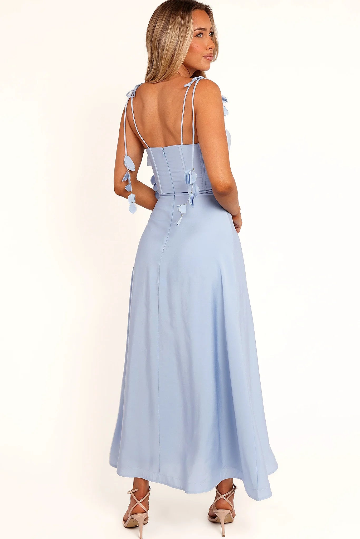 Detail view of the pale blue sweetheart midi dress
