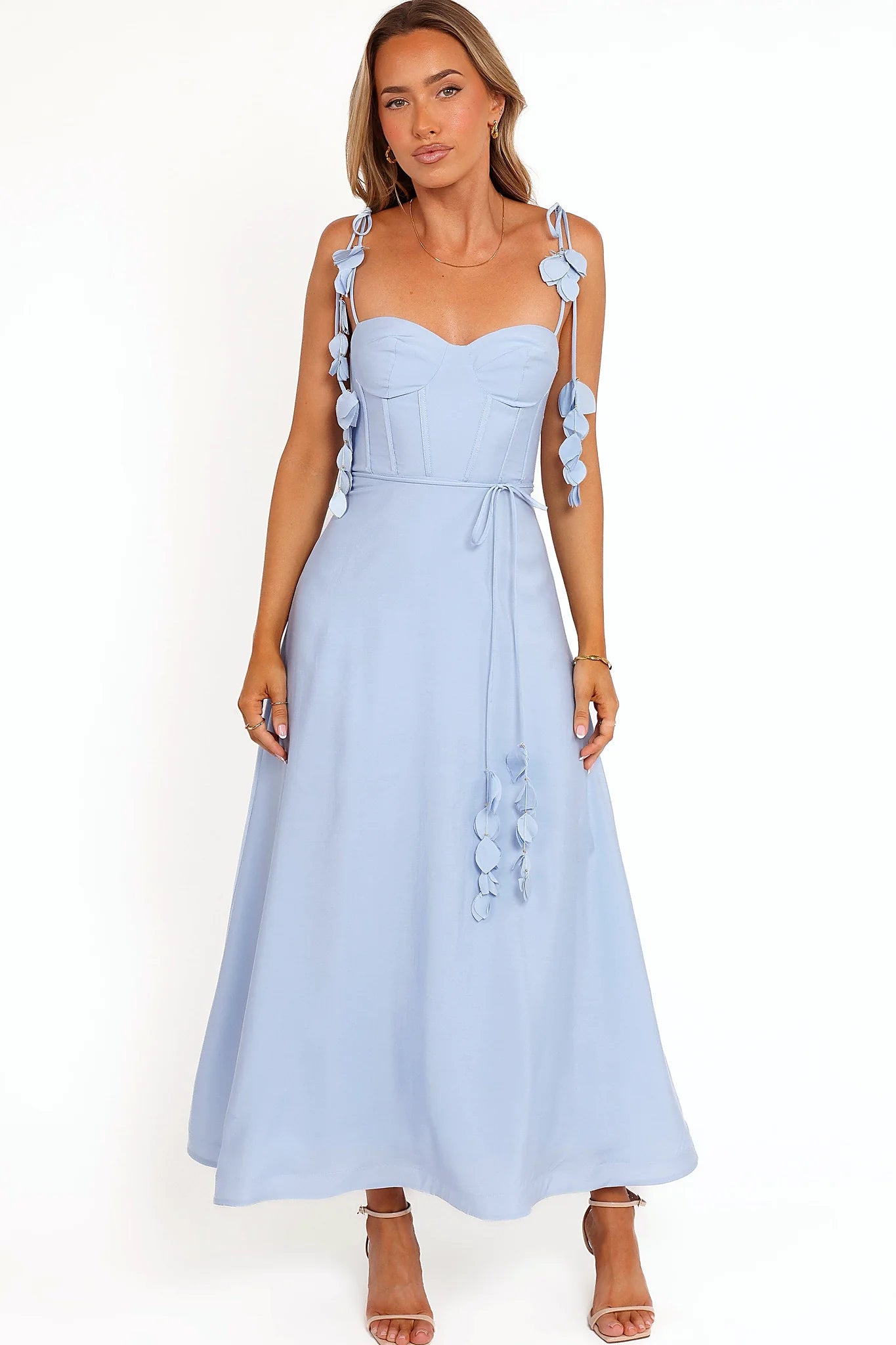 Full-length view of the pale blue sweetheart midi dress