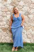 Detail view of the cornflower blue pleated maxi dress