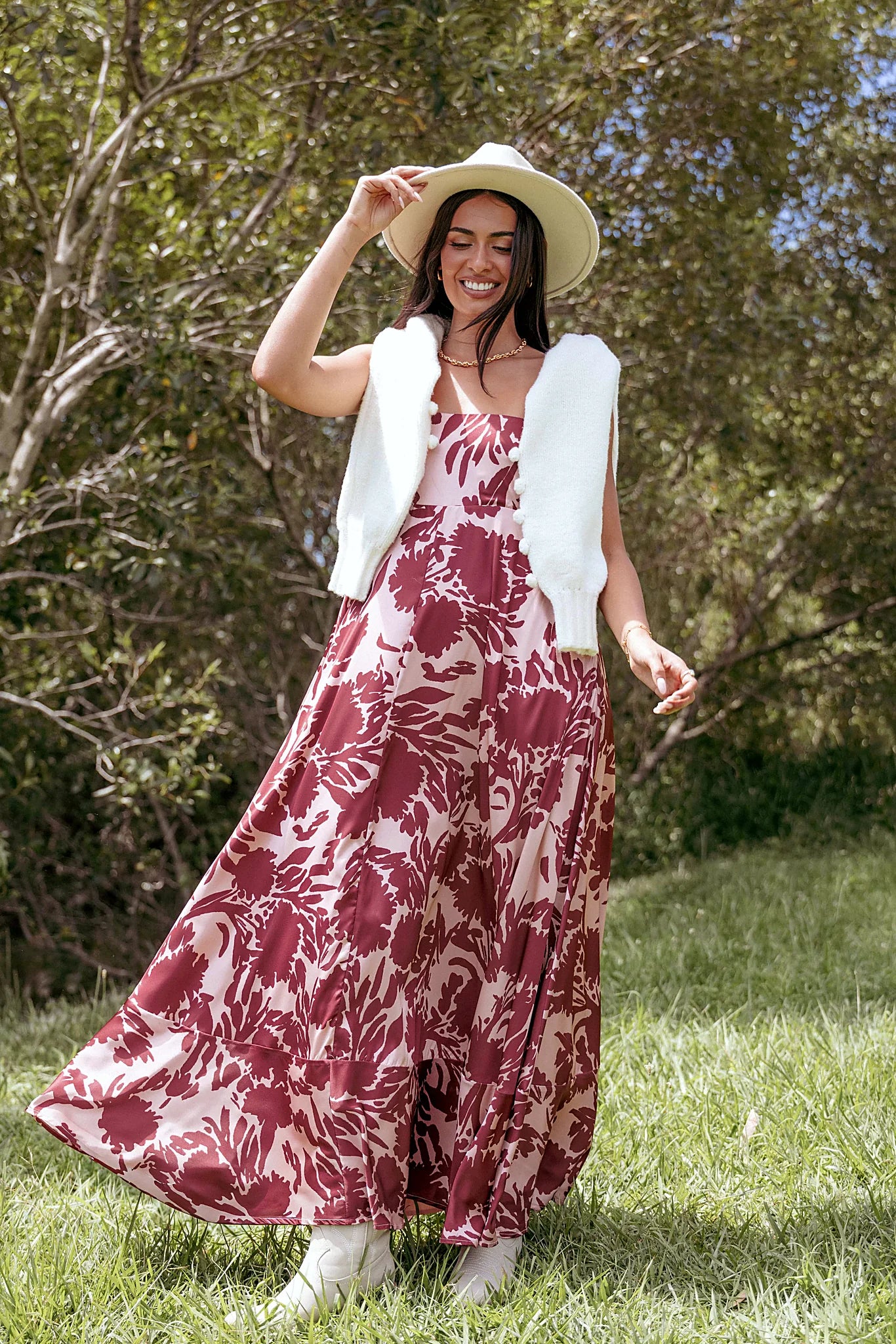 Detail view of the pale burgundy floral maxi dress
