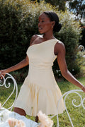 Side view showing the drape of the butter yellow off-shoulder mini dress