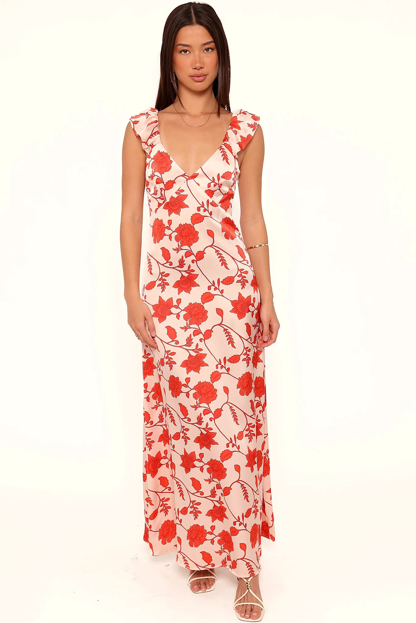 Full-length view of the red floral maxi dress