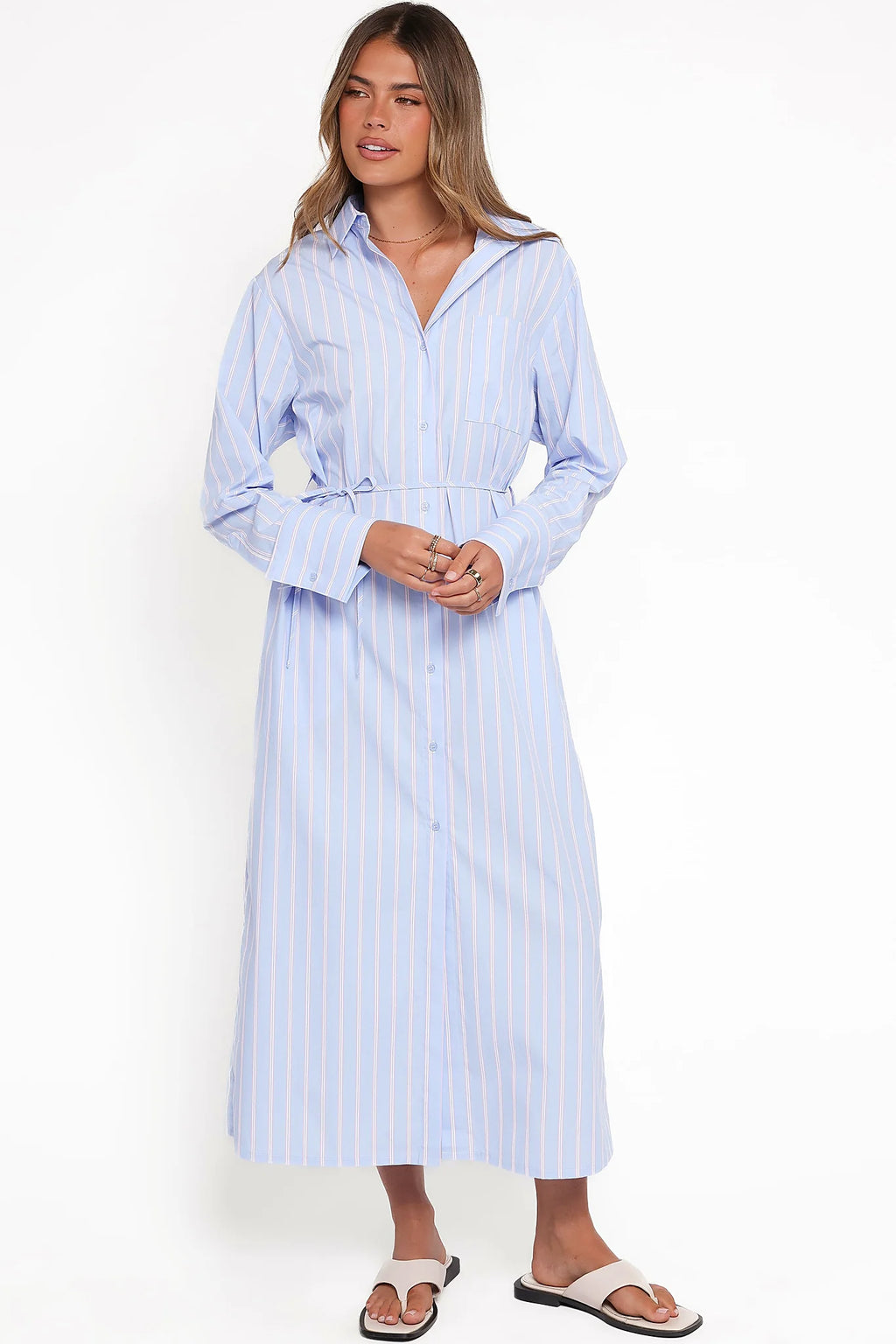 Harlan Long Sleeve Midi Dress - Blue Pink Stripe