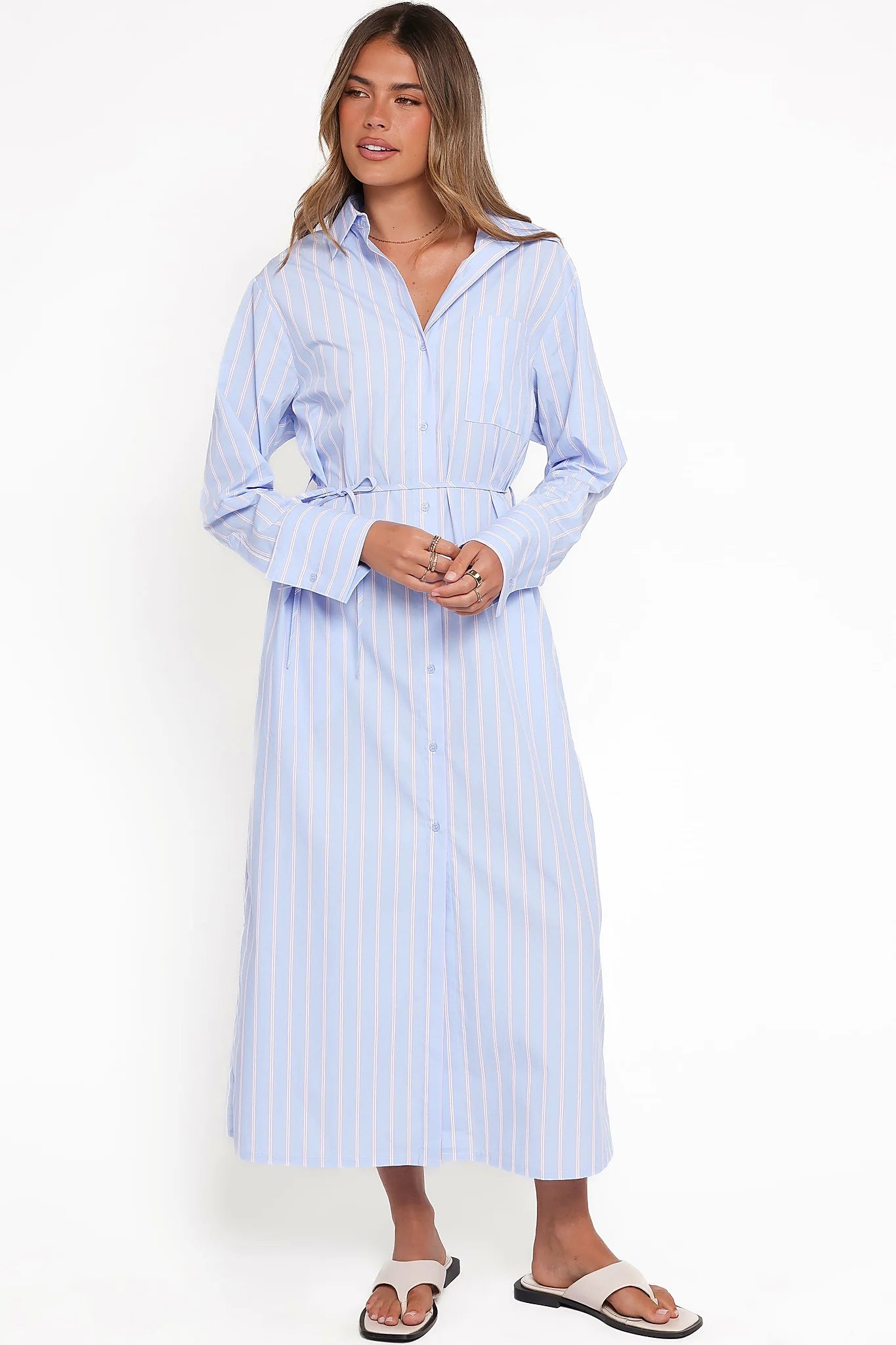Harlan Long Sleeve Midi Dress - Blue Pink Stripe