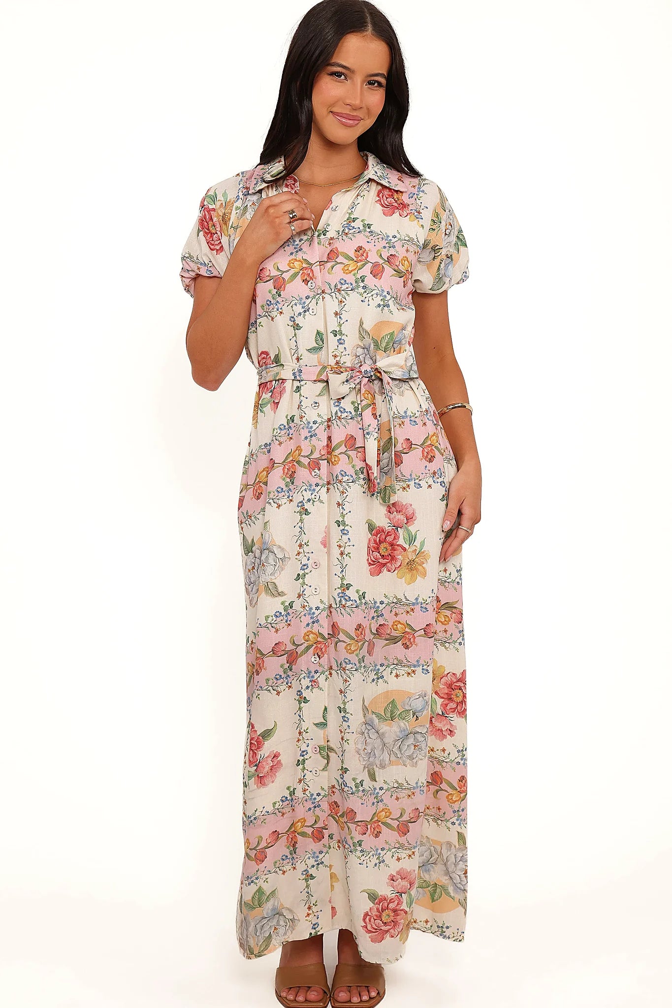 Side view showing the drape of the rose tile button-through maxi dress