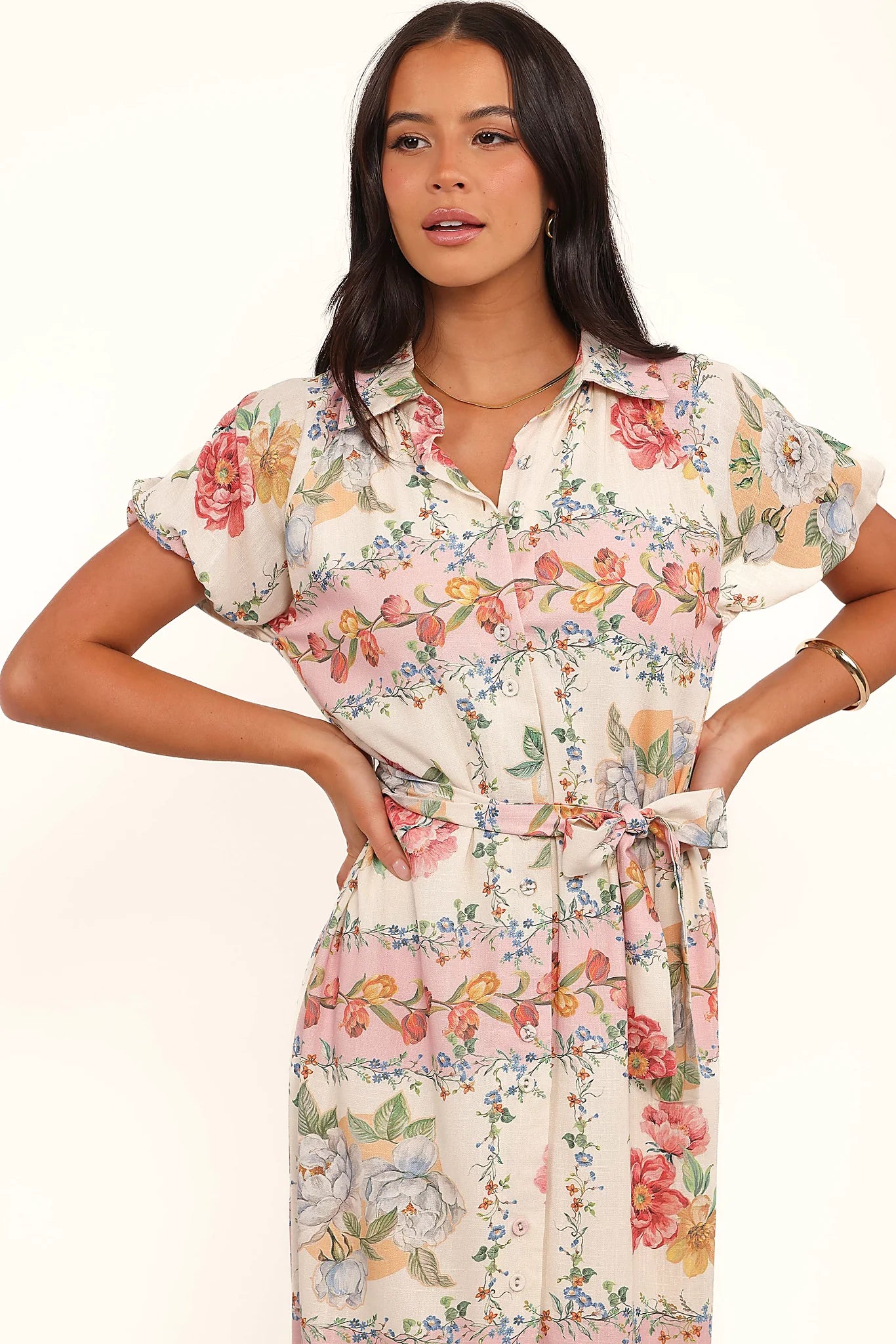 Full-length view of the rose tile button-through maxi dress