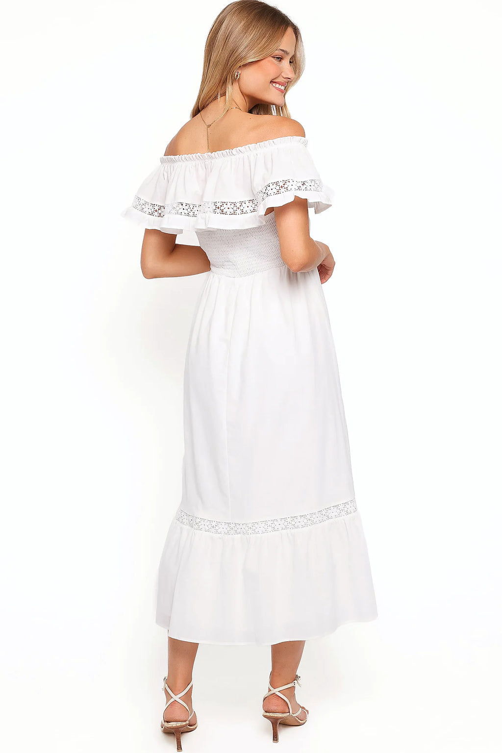 Detail view of the white floral lace maxi dress