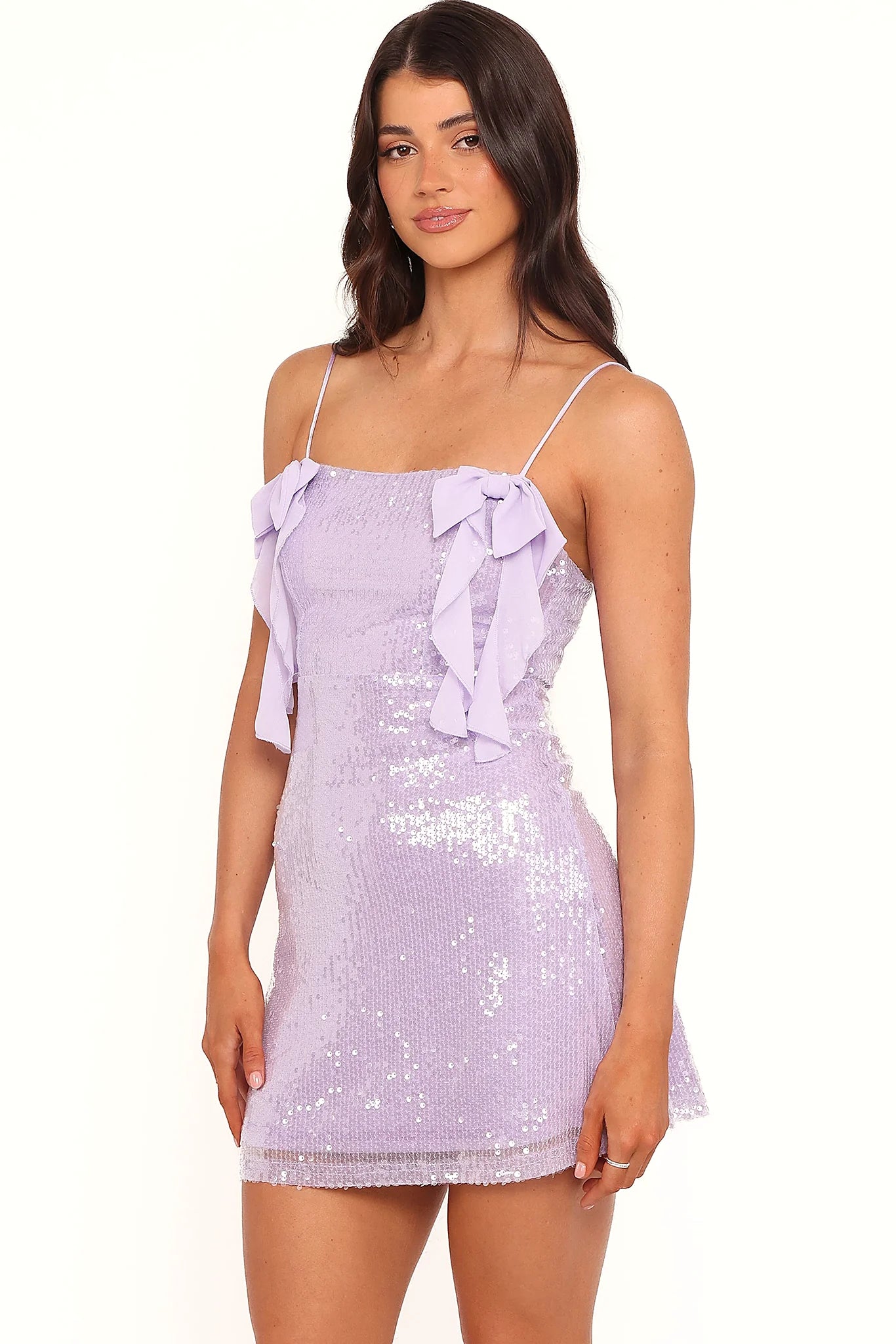 Back view of the lilac sequin mini dress on a model