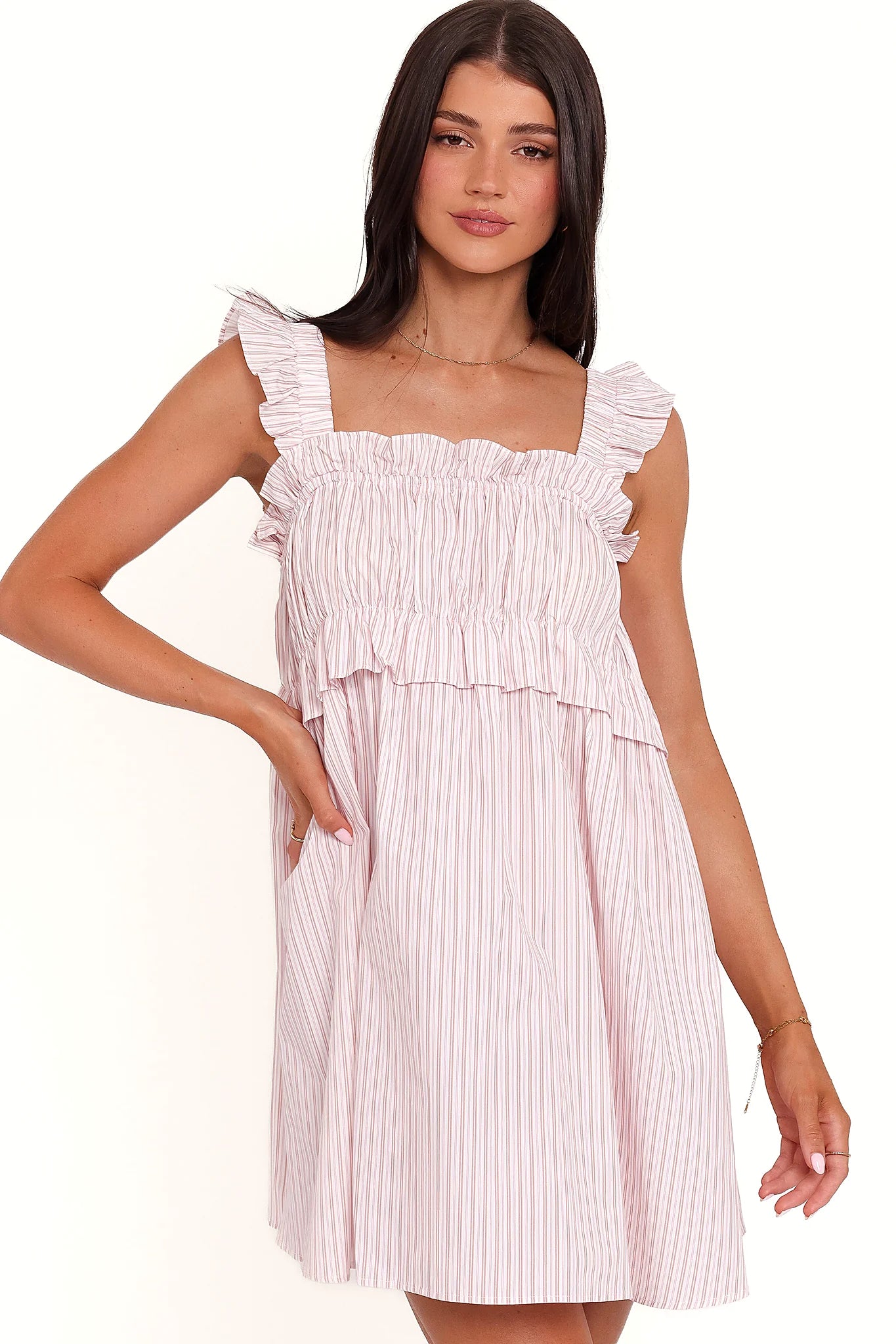 Detail view of the pink stripe mini dress