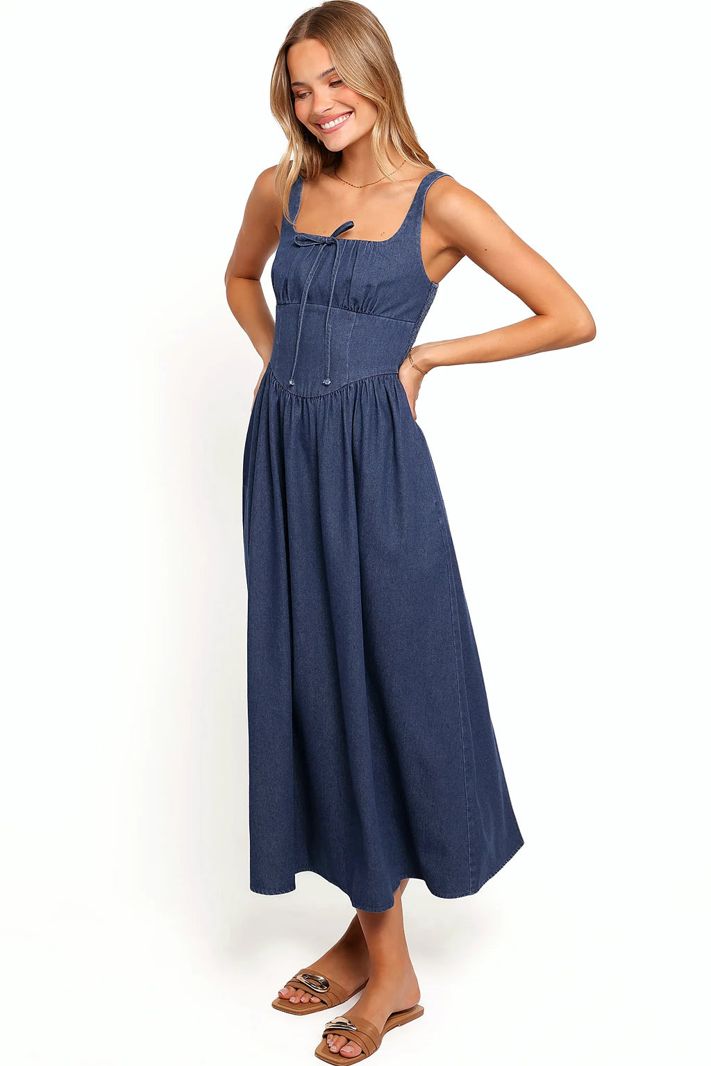 Detail view of the denim square-neck midi dress
