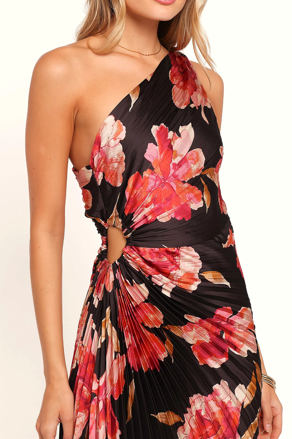 Side view showing the drape of the midnight orchid one-shoulder maxi dress