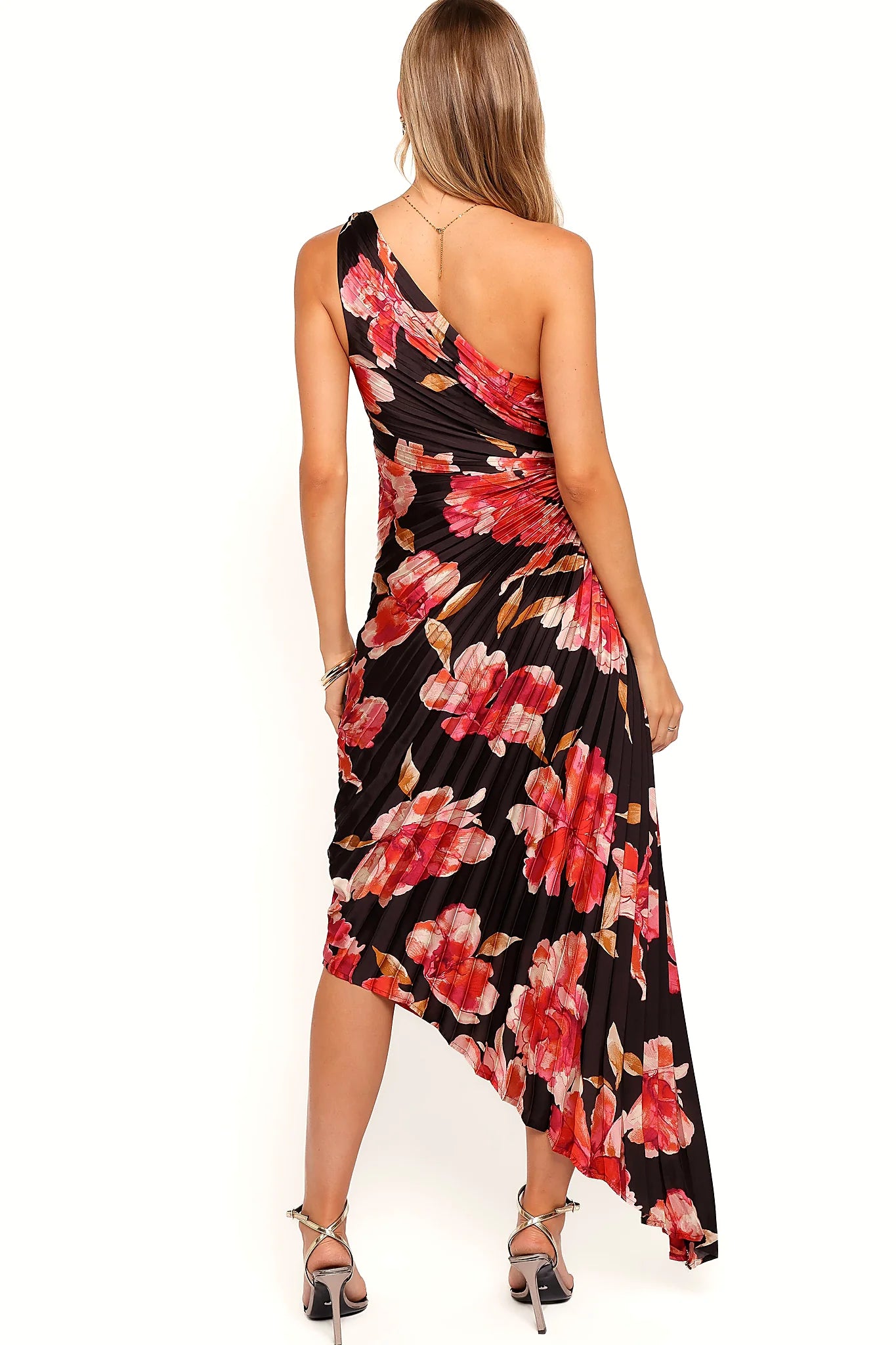 Detail view of the midnight orchid one-shoulder maxi dress