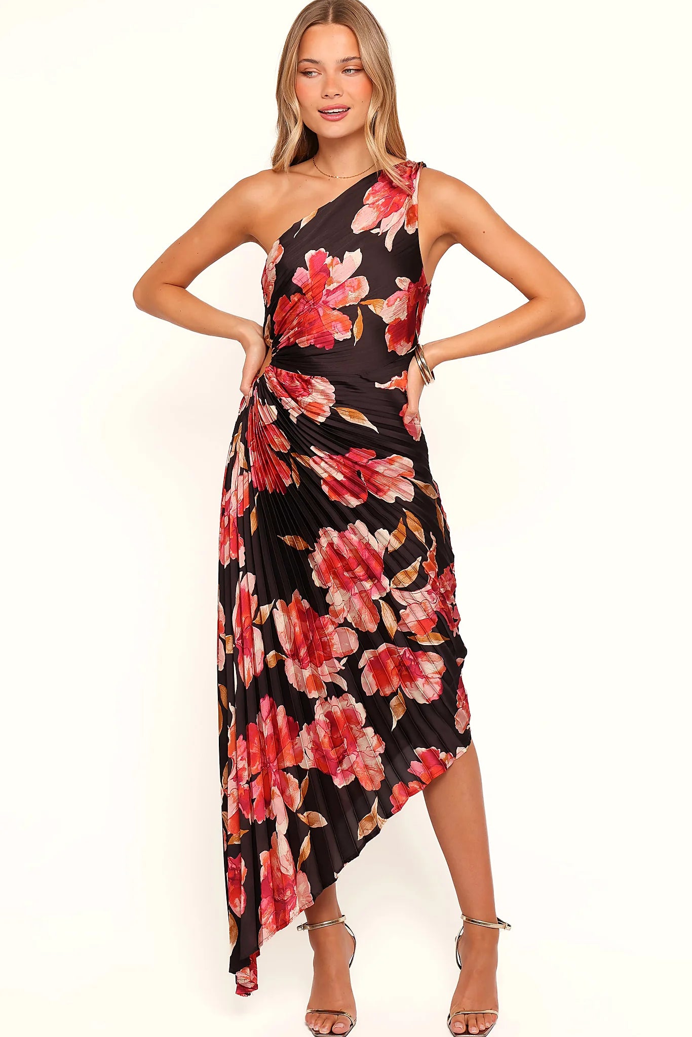 Back view of the midnight orchid one-shoulder maxi dress on a model