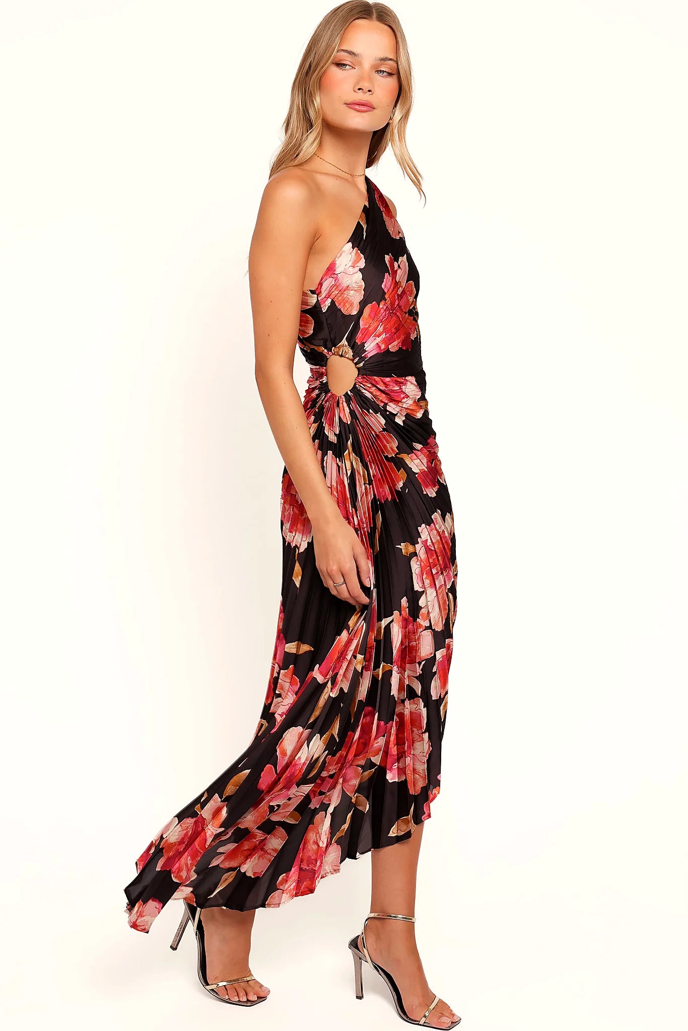 Full-length view of the midnight orchid one-shoulder maxi dress