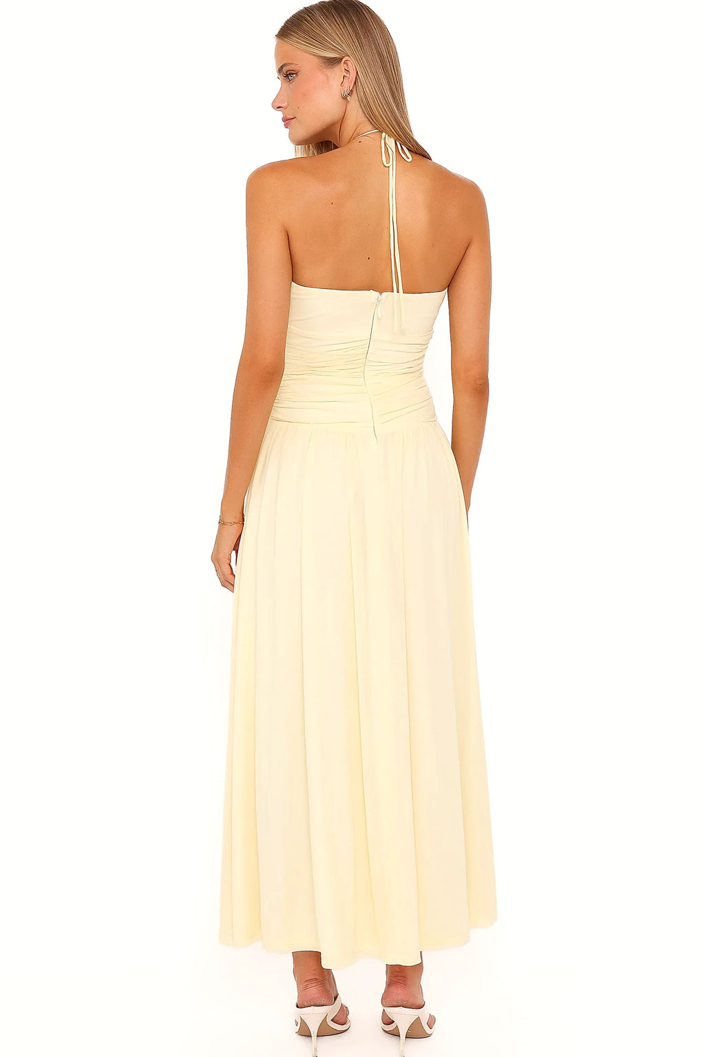 Detail view of the butter yellow maxi dress