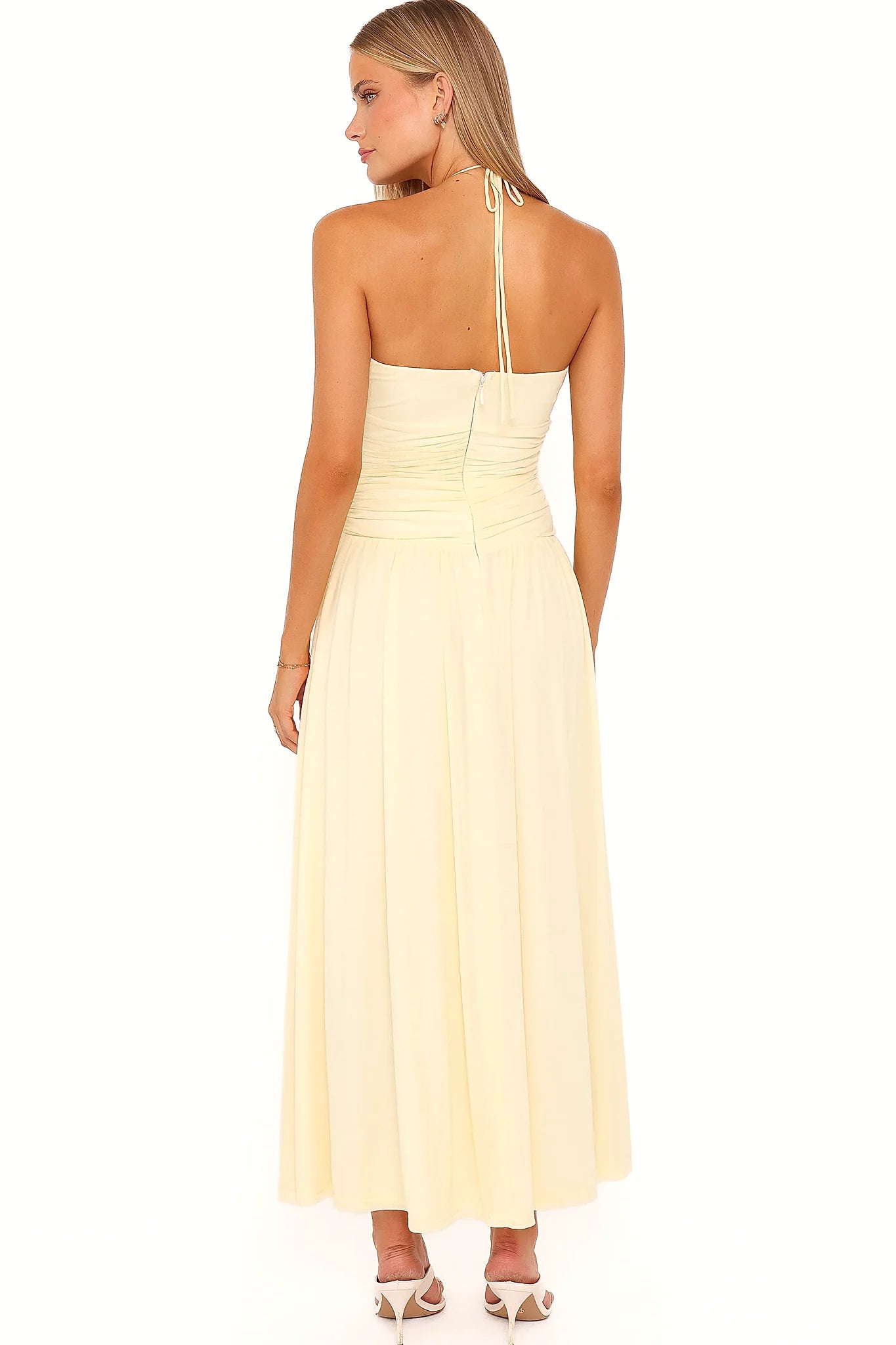 Detail view of the butter yellow maxi dress