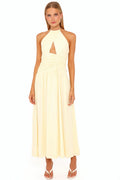 Back view of the butter yellow maxi dress on a model