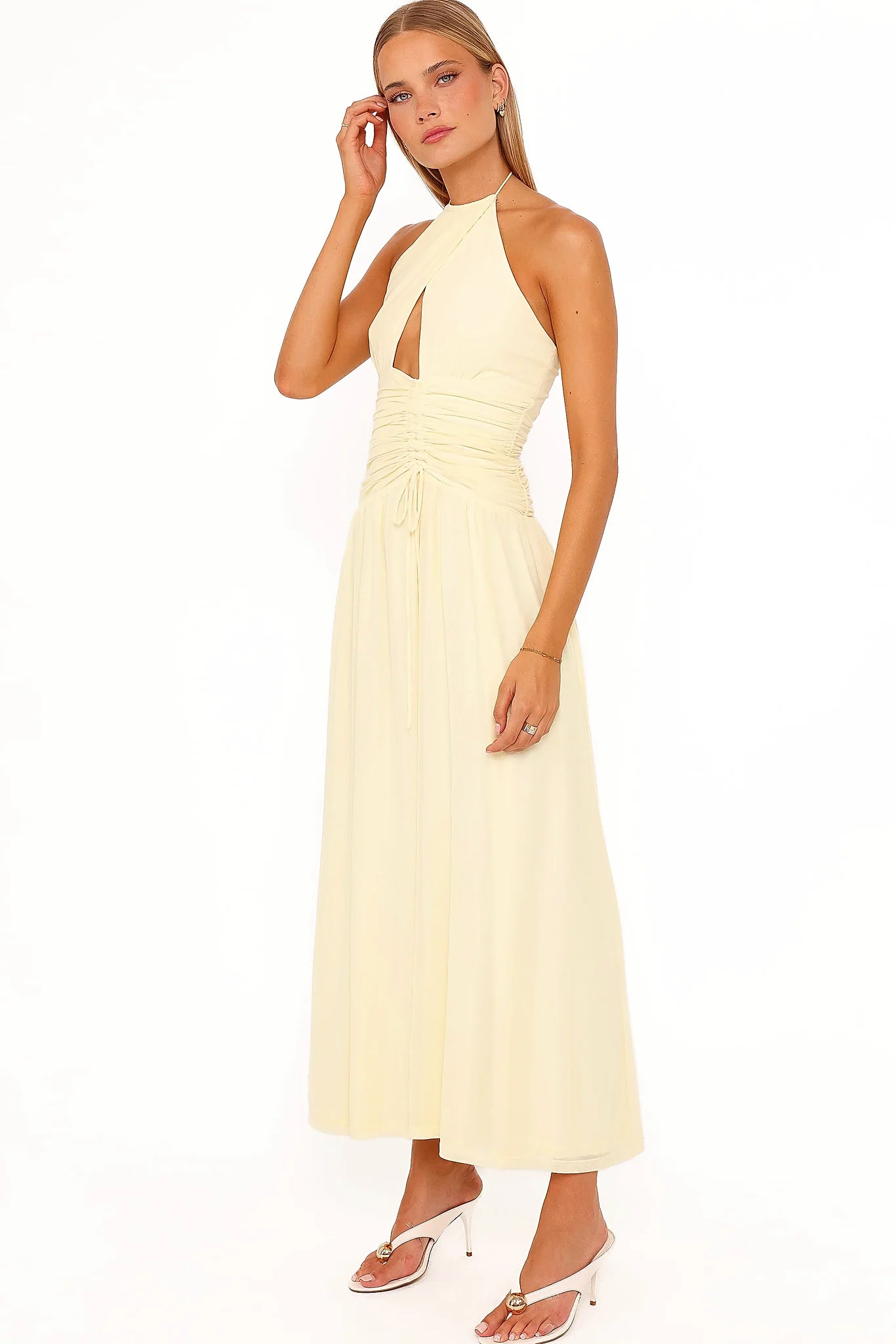 Full-length view of the butter yellow maxi dress