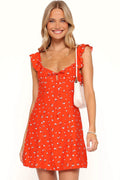 Full-length view of the red floral mini dress