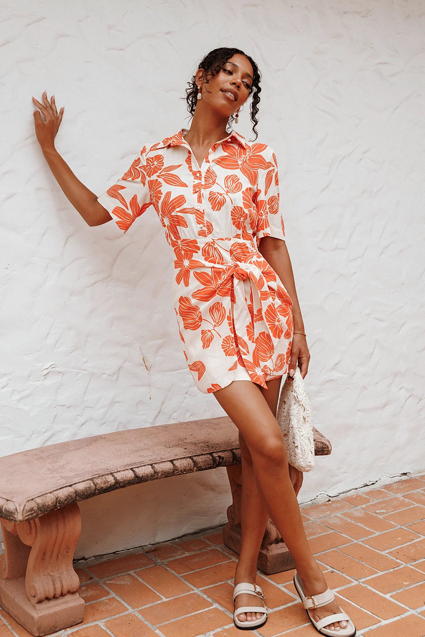 Full-length view of the red floral collared mini dress