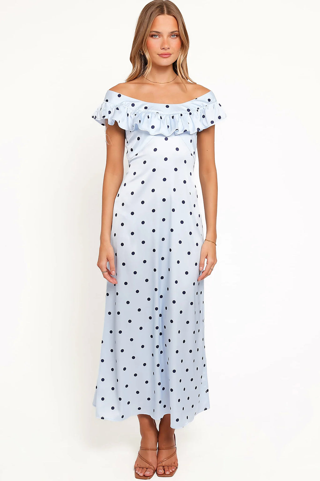 Manaris Off Shoulder Maxi Dress - Blue Polka Dot