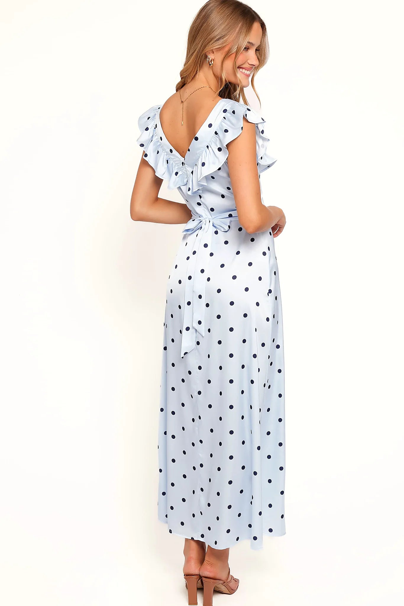 Manaris Off Shoulder Maxi Dress - Blue Polka Dot