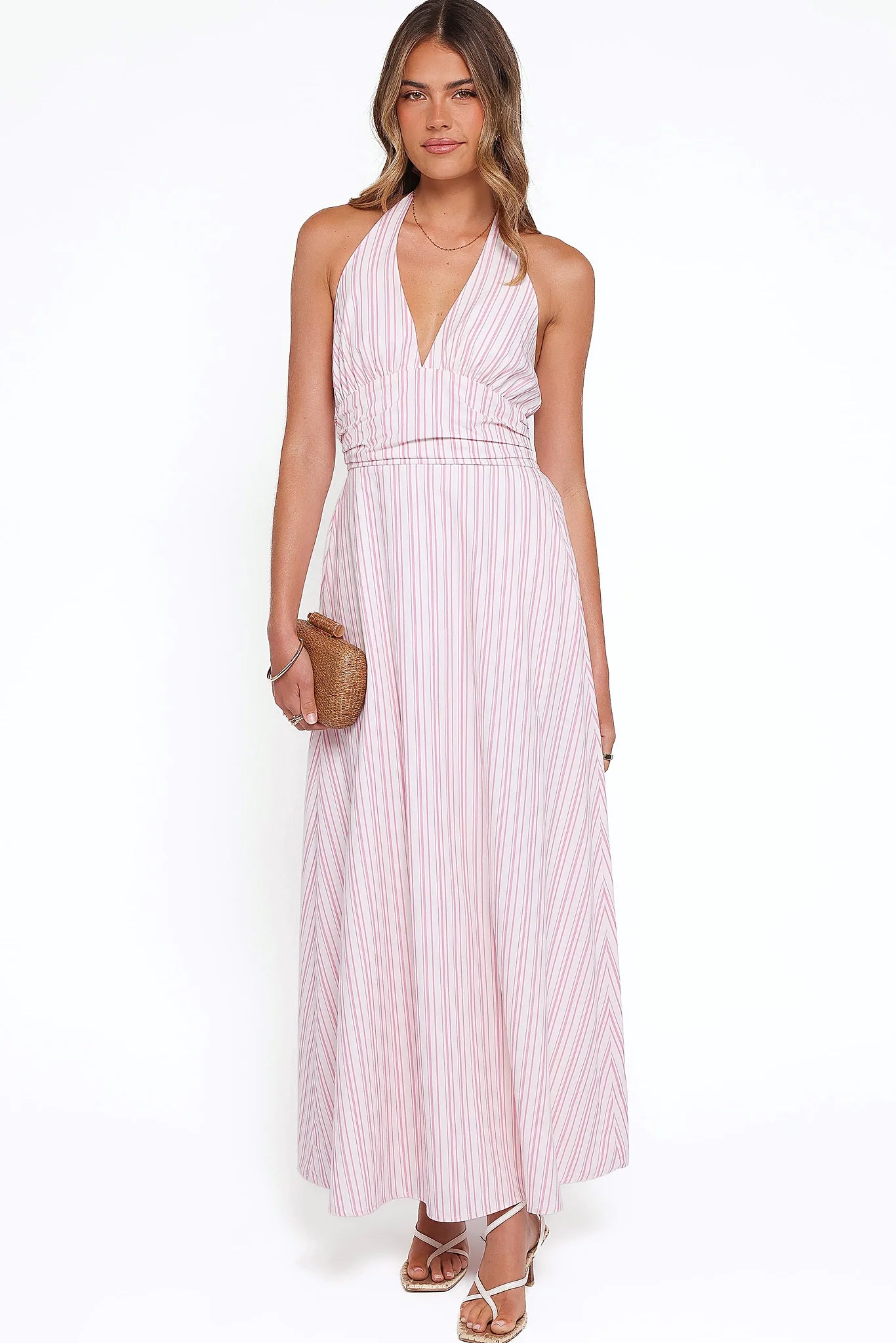 Detail view of the pink stripe halterneck maxi dress