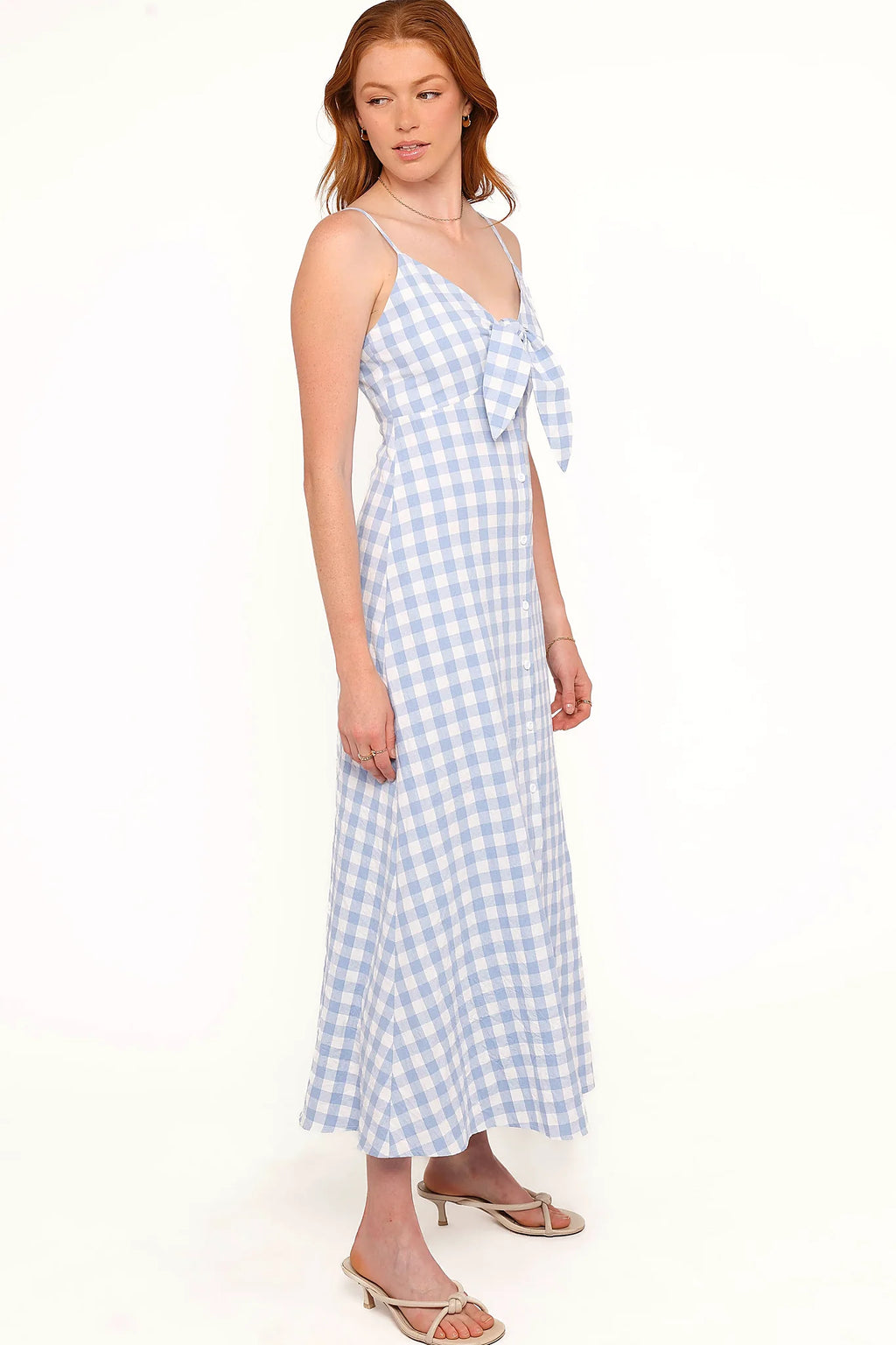 Detail view of the blue gingham v-neck maxi dress