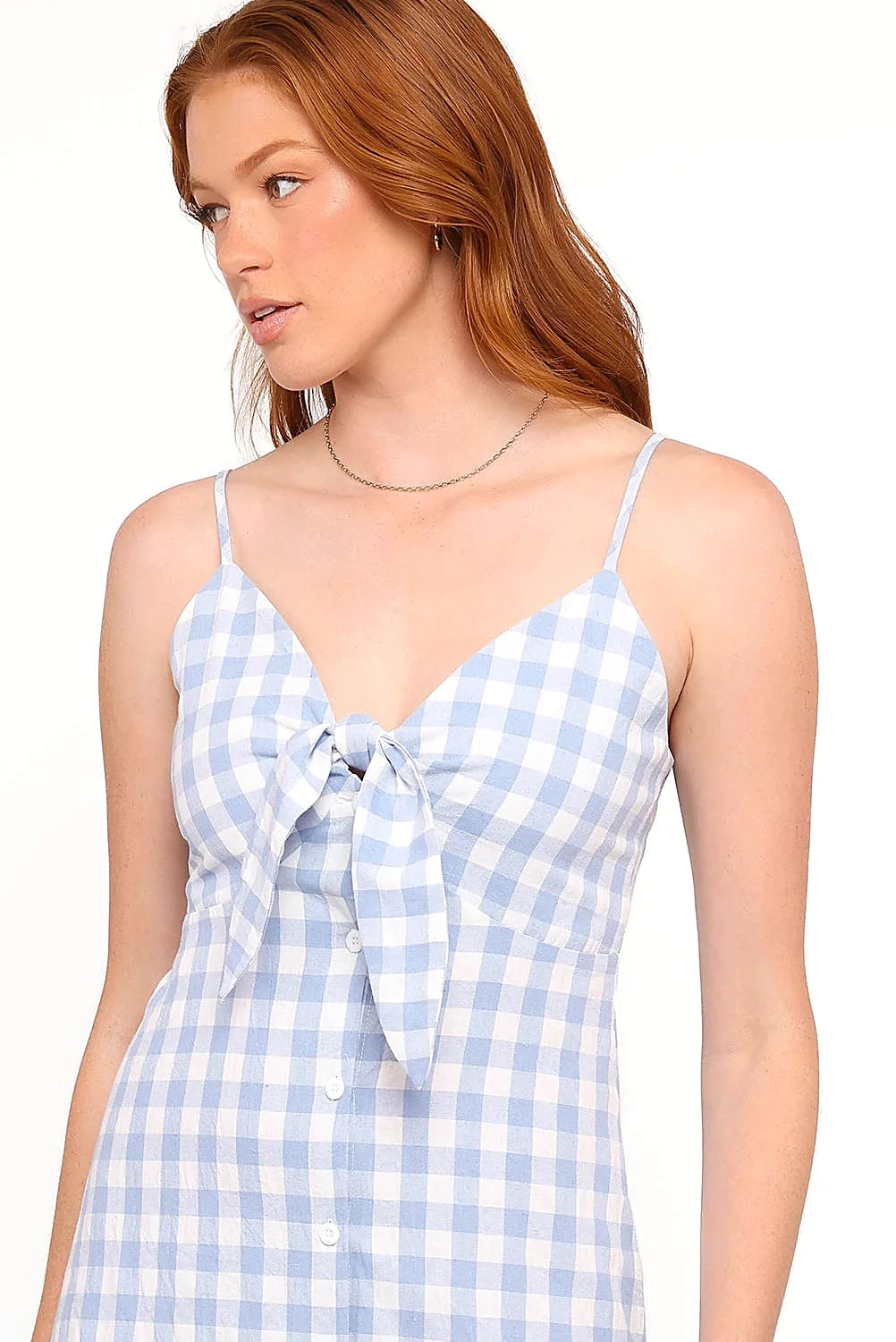 Full-length view of the blue gingham v-neck maxi dress