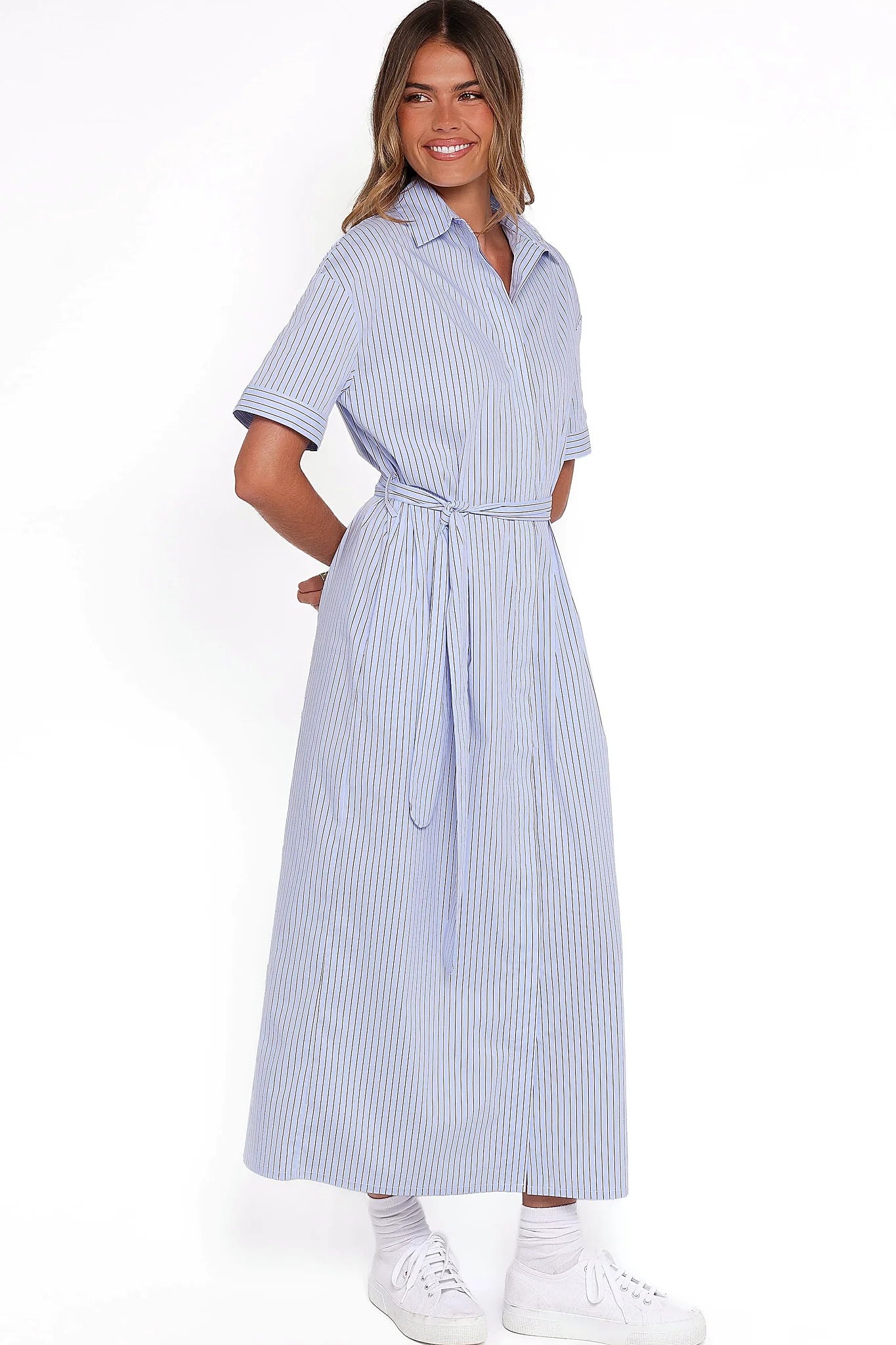 Full-length view of the blue & brown stripe shirt dress