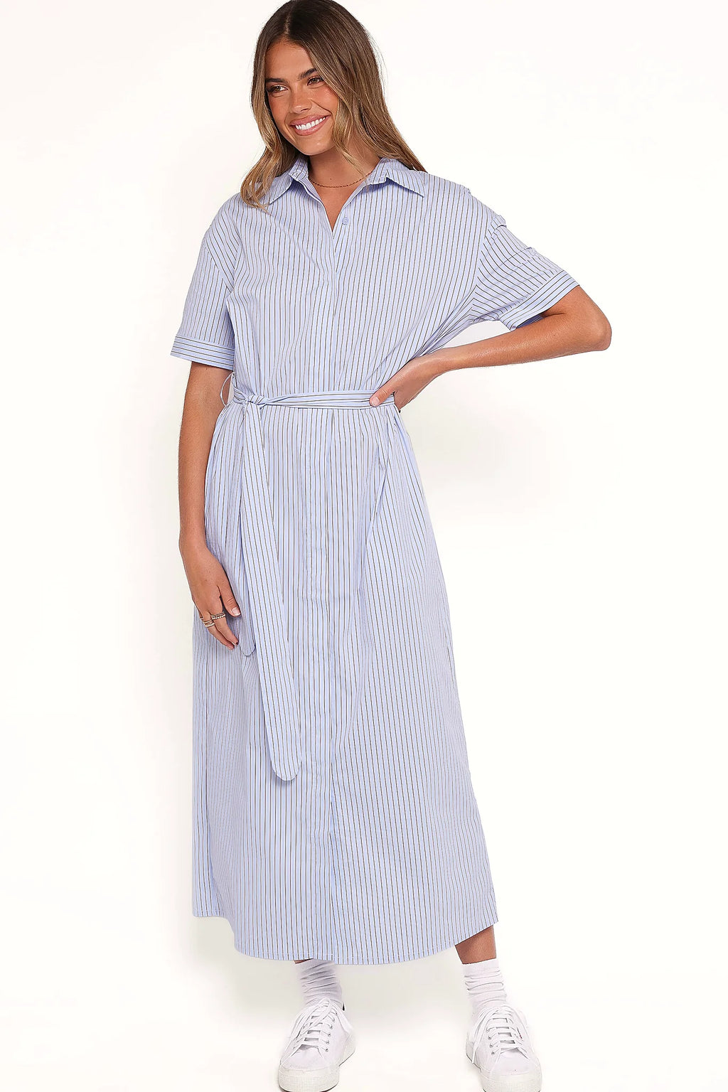 Morrison Short Sleeve Shirt Dress - Blue Brown Stripe