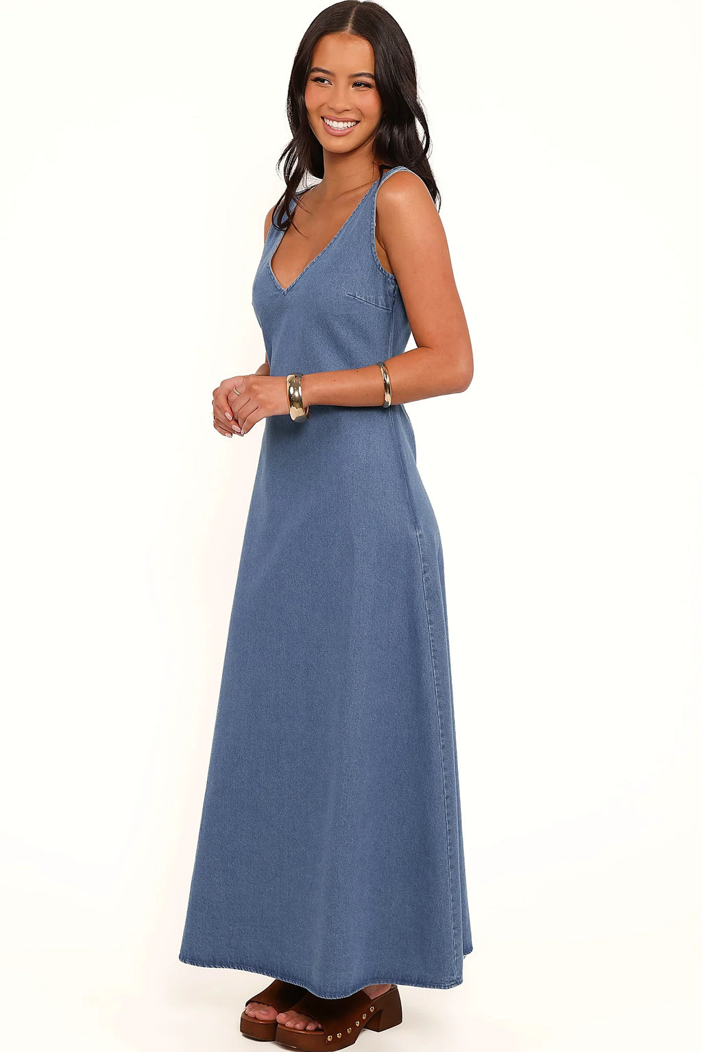 Close-up of the neckline of the indigo denim maxi dress